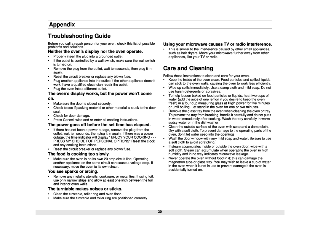 Samsung MO1450WA Appendix, Troubleshooting Guide, Care and Cleaning, Neither the oven’s display nor the oven operate 
