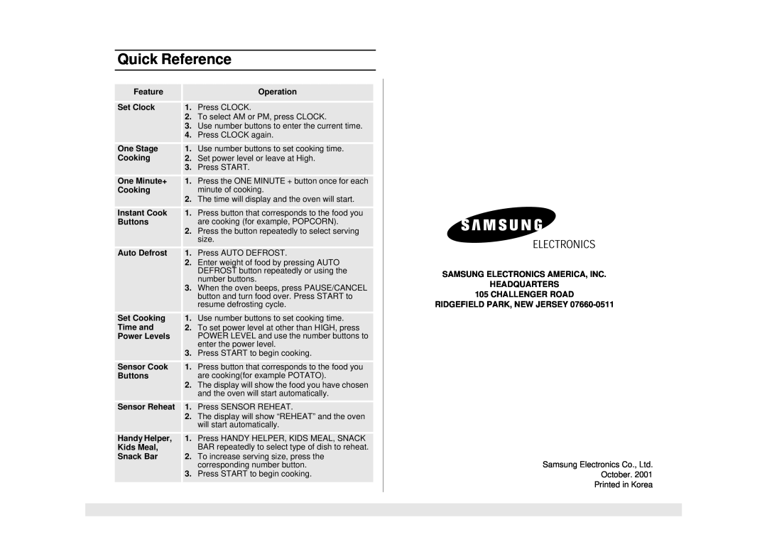 Samsung MO1450WA owner manual Quick Reference 