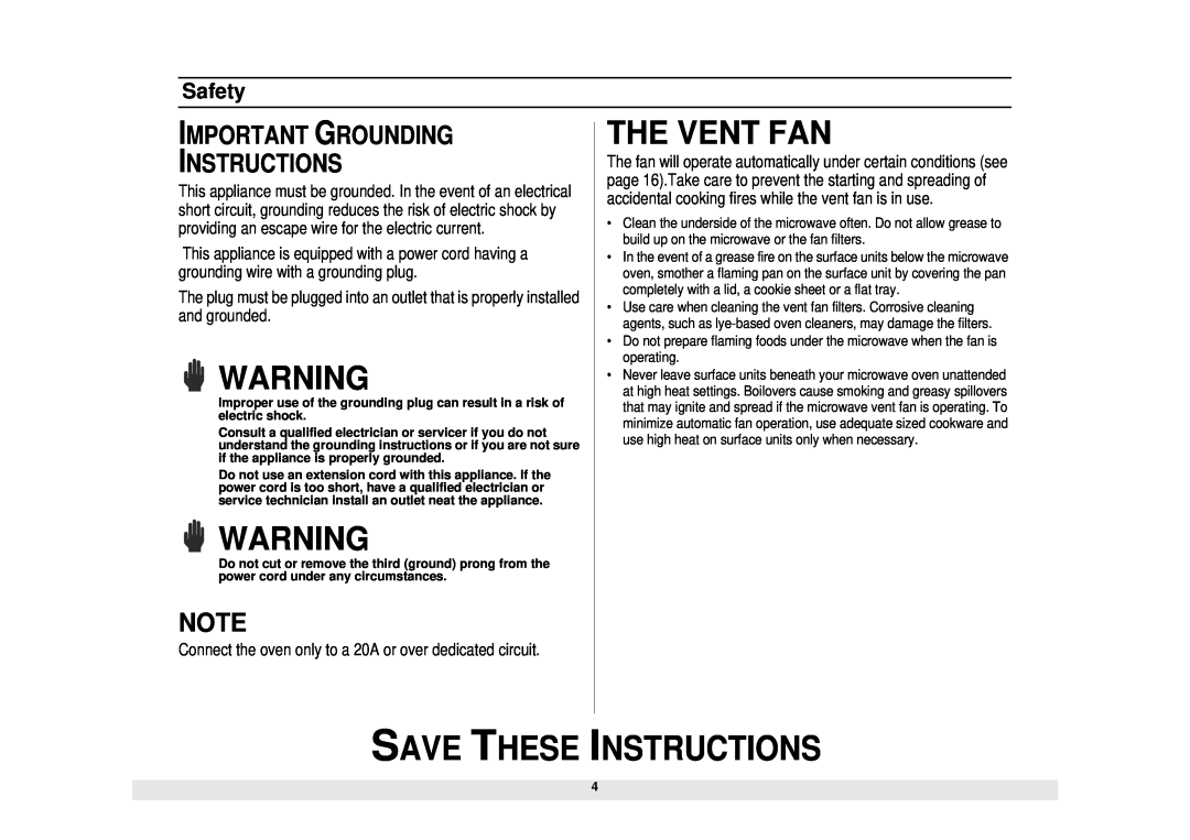 Samsung MO1450WA owner manual The Vent Fan, Important Grounding Instructions, Save These Instructions, Safety 