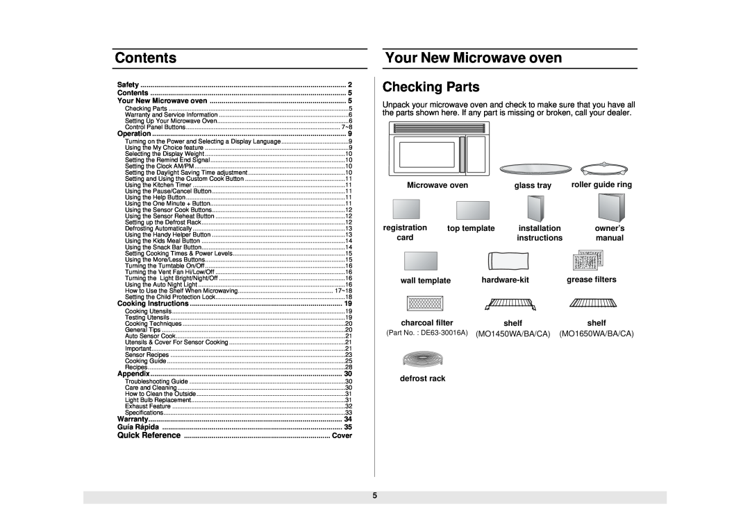 Samsung MO1450WA owner manual Contents, Your New Microwave oven, Checking Parts 