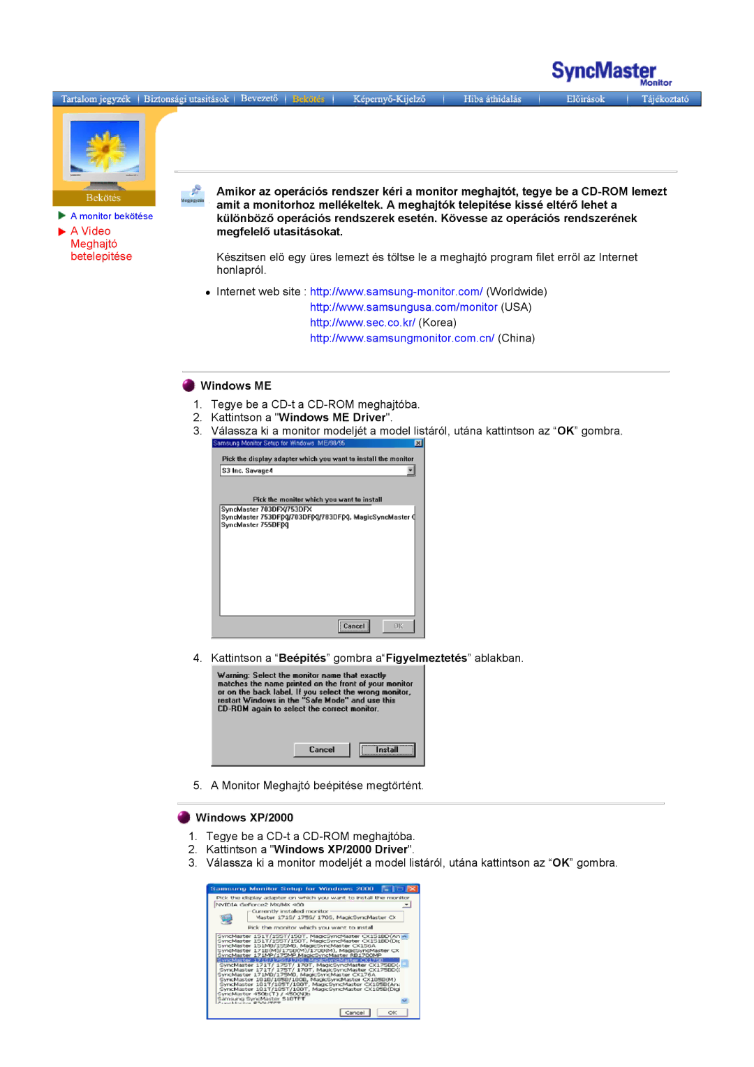 Samsung MO15ESZS/EDC, MO15ESDS/EDC manual Kattintson a Windows ME Driver, Kattintson a Windows XP/2000 Driver 