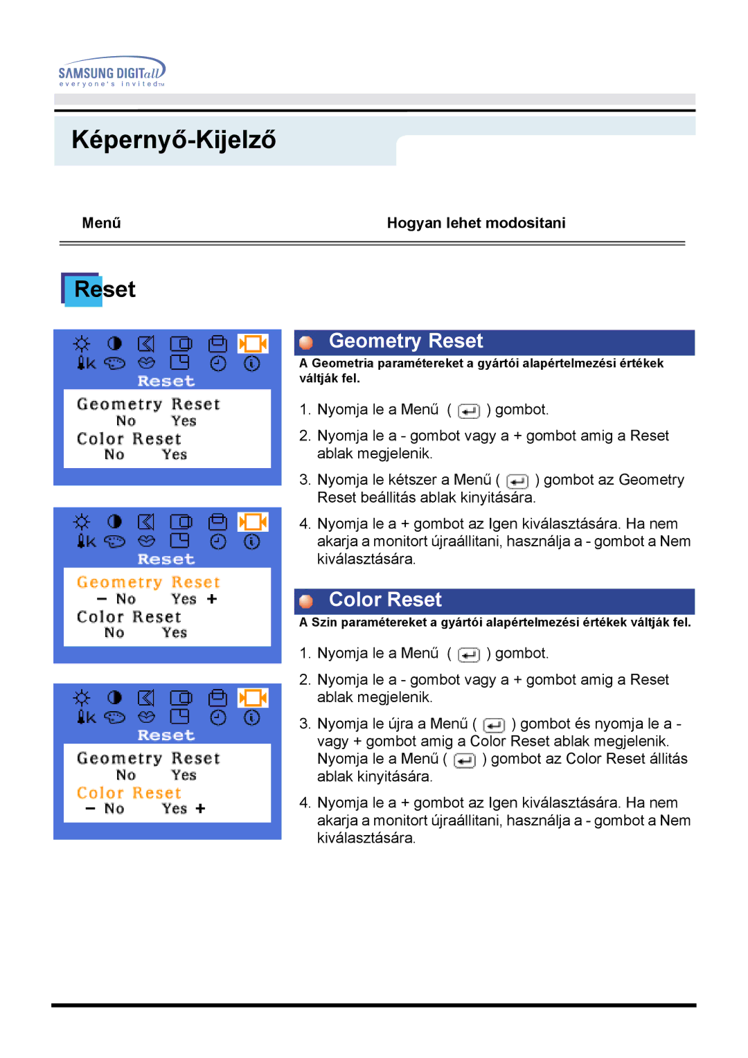 Samsung MO15ESDS/EDC, MO15ESZSZ/EDC, MO15ESZS/EDC, MO15ESDSZ/EDC manual Geometry Reset, Color Reset 