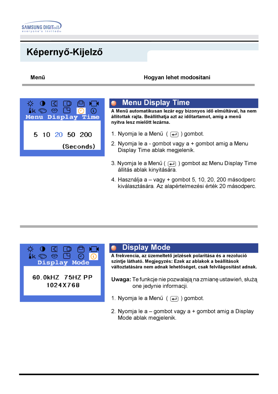 Samsung MO15ESDS/EDC, MO15ESZSZ/EDC, MO15ESZS/EDC, MO15ESDSZ/EDC manual Menu Display Time, Display Mode 