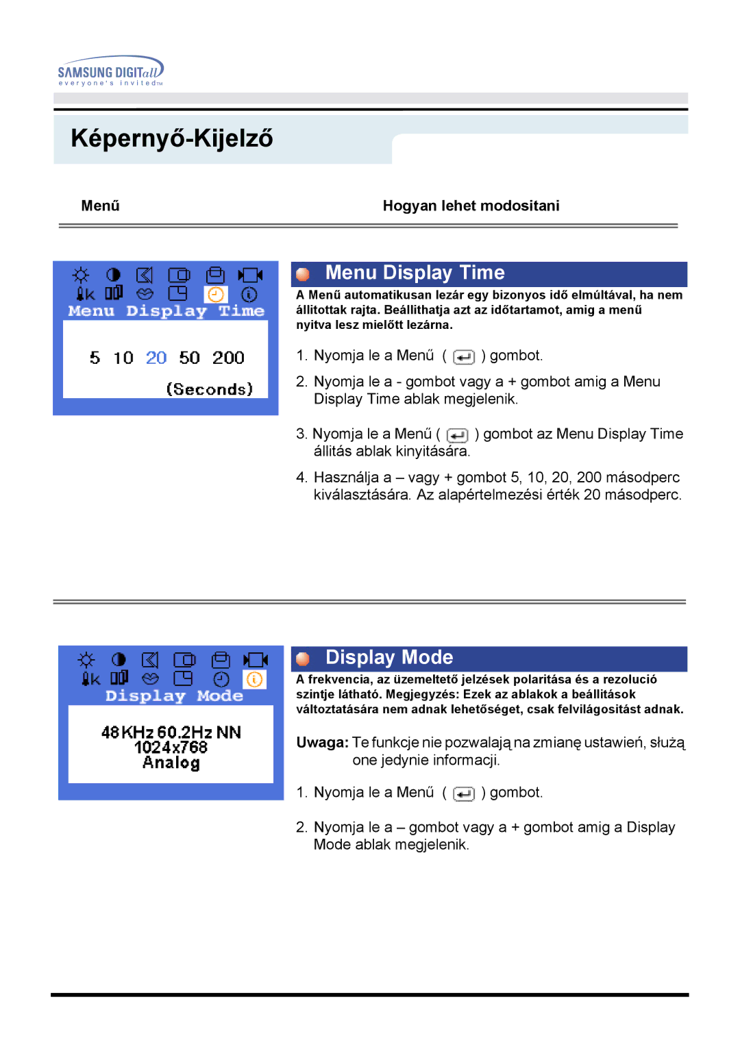 Samsung MO15ESZSZ/EDC, MO15ESDS/EDC, MO15ESZS/EDC, MO15ESDSZ/EDC manual Menu Display Time 