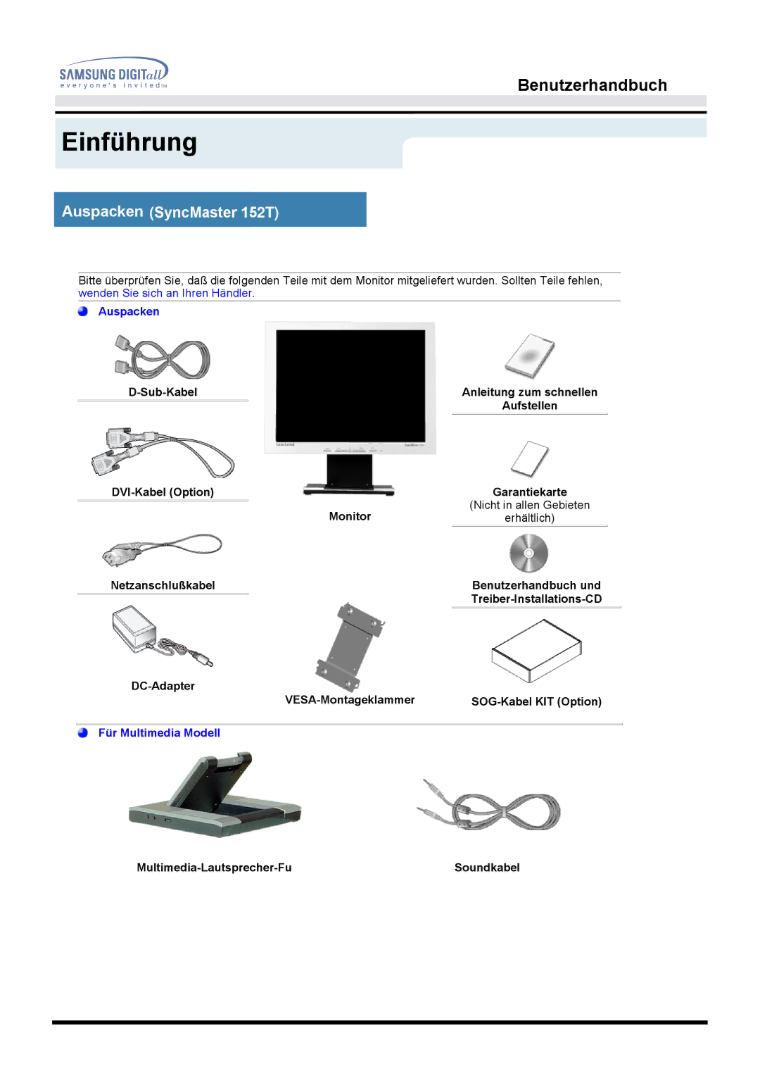 Samsung MO15ESZS/EDC, MO15ESDS/XEU, MO15ESDSZ/XTP, MO15ESZS/XEU, MO15ESDS/EDC, MO15ESZSZ/EDC manual Auspacken SyncMaster 152T 