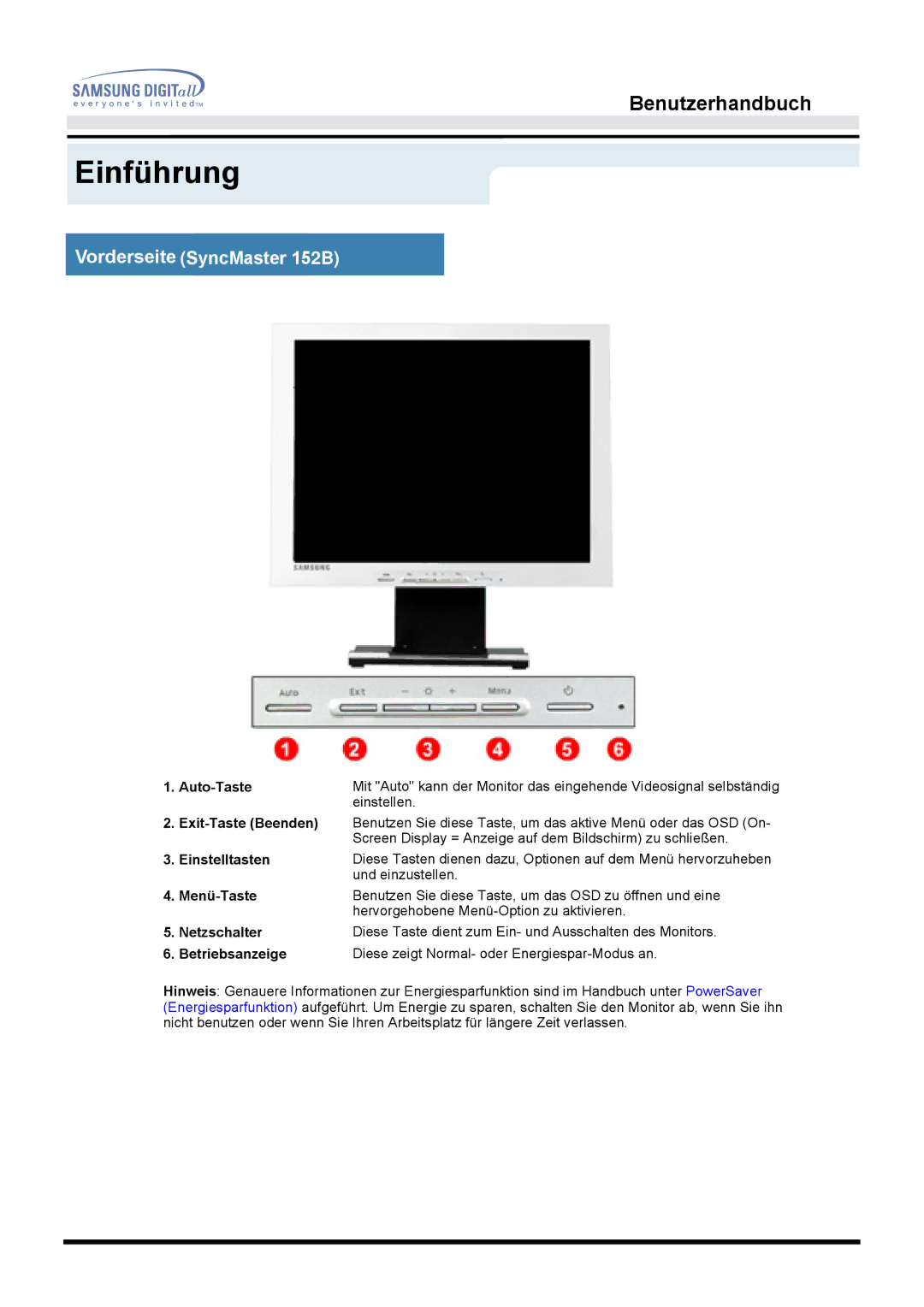 Samsung MO15ESDSZ/EDC, MO15ESDS/XEU, MO15ESDSZ/XTP, MO15ESZS/XEU, MO15ESDS/EDC, MO15ESZSZ/EDC manual Vorderseite SyncMaster 152B 