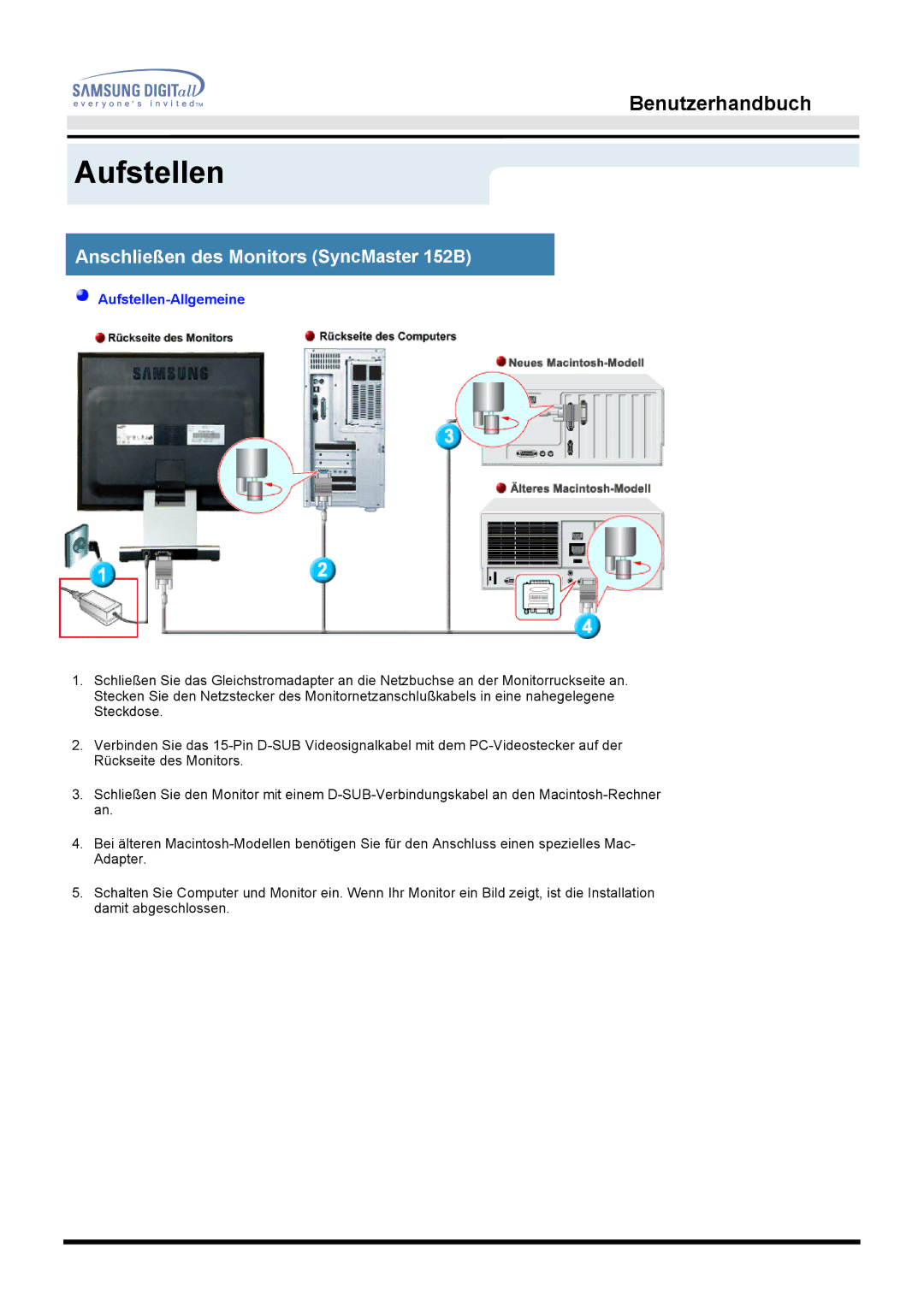 Samsung MO15ESDS/EDC, MO15ESDS/XEU, MO15ESDSZ/XTP, MO15ESZS/XEU manual Aufstellen, Anschließen des Monitors SyncMaster 152B 