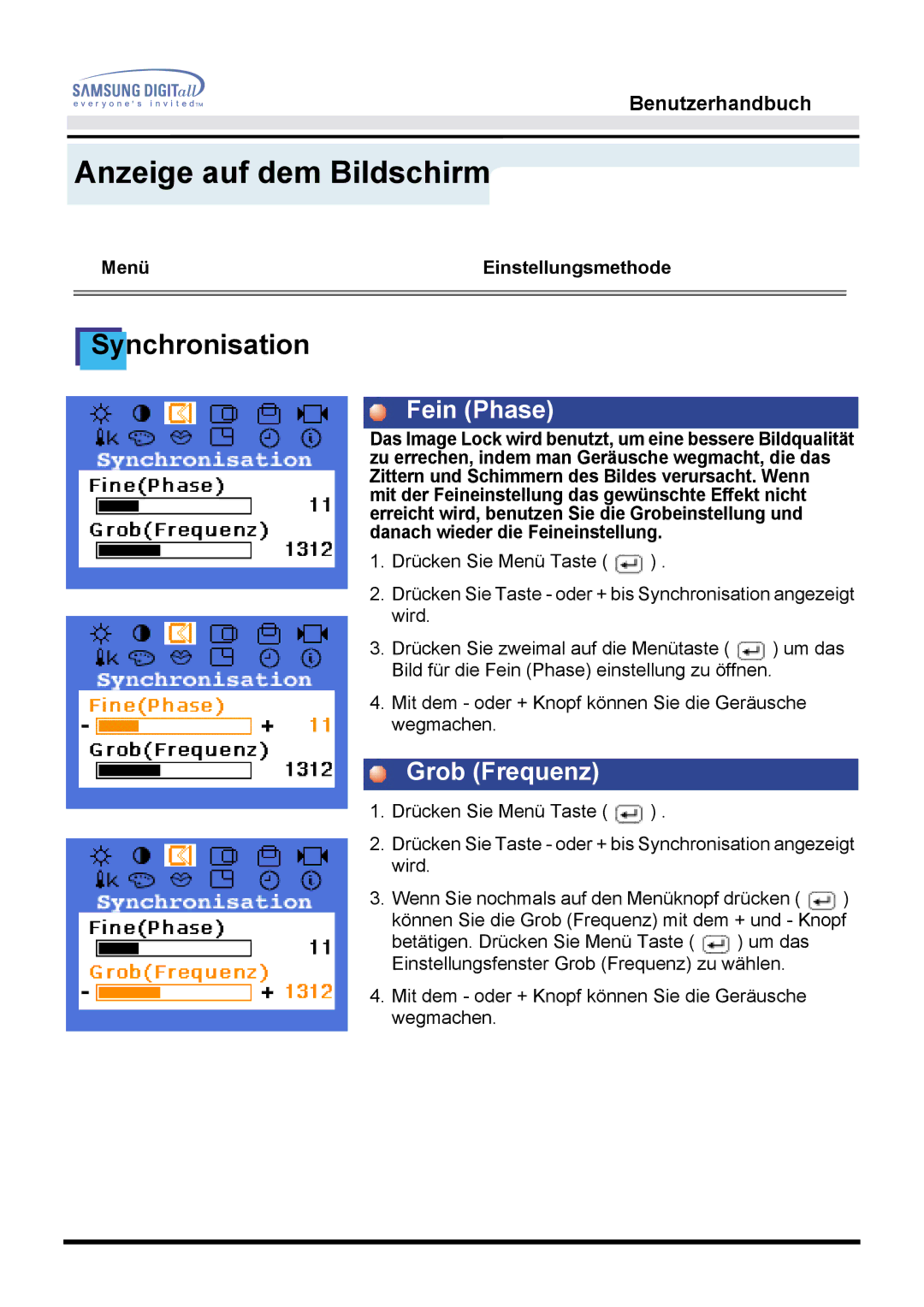 Samsung MO15ESZS/XEU, MO15ESDS/XEU, MO15ESDSZ/XTP, MO15ESDS/EDC, MO15ESZSZ/EDC, MO15ESZS/EDC manual Fein Phase, Grob Frequenz 