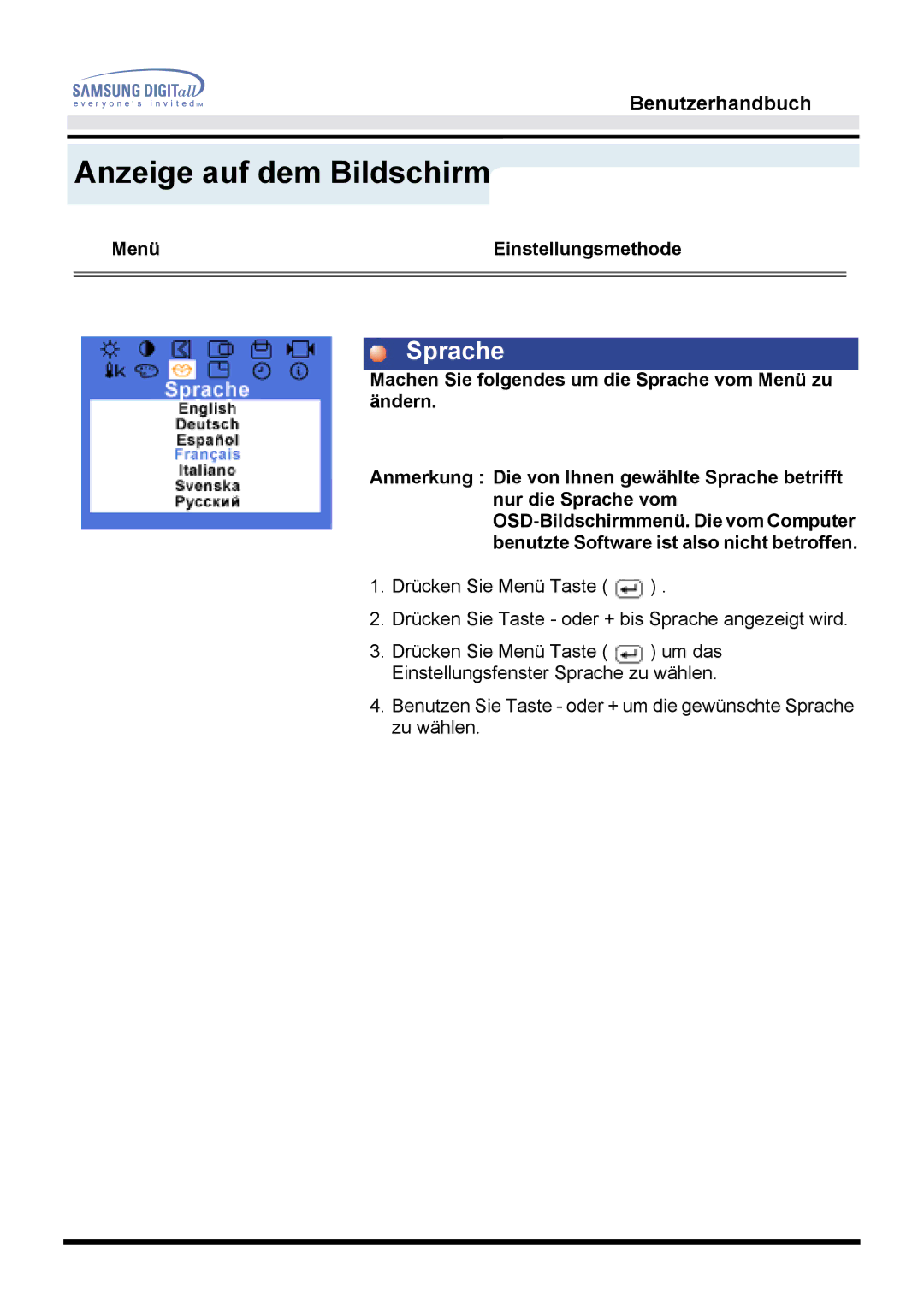 Samsung MO15ESDSZ/EDC, MO15ESDS/XEU, MO15ESDSZ/XTP, MO15ESZS/XEU, MO15ESDS/EDC, MO15ESZSZ/EDC, MO15ESZS/EDC manual Sprache 