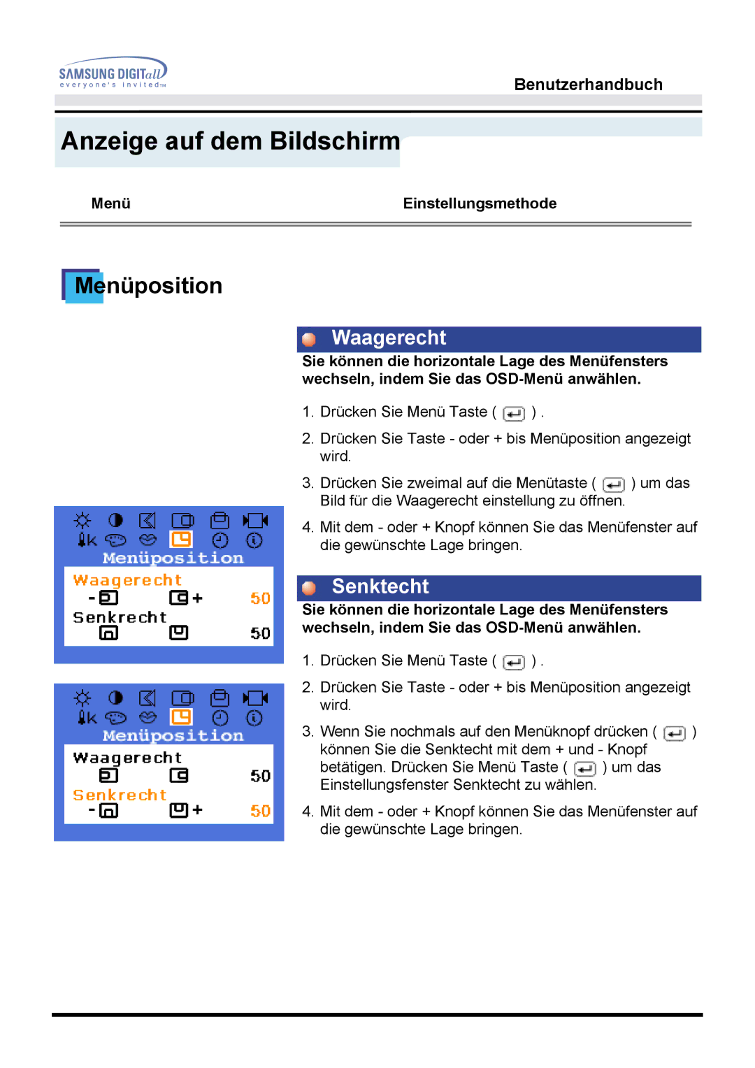 Samsung MO15ESDS/XEU, MO15ESDSZ/XTP, MO15ESZS/XEU, MO15ESDS/EDC, MO15ESZSZ/EDC, MO15ESZS/EDC manual Menüposition, Senktecht 