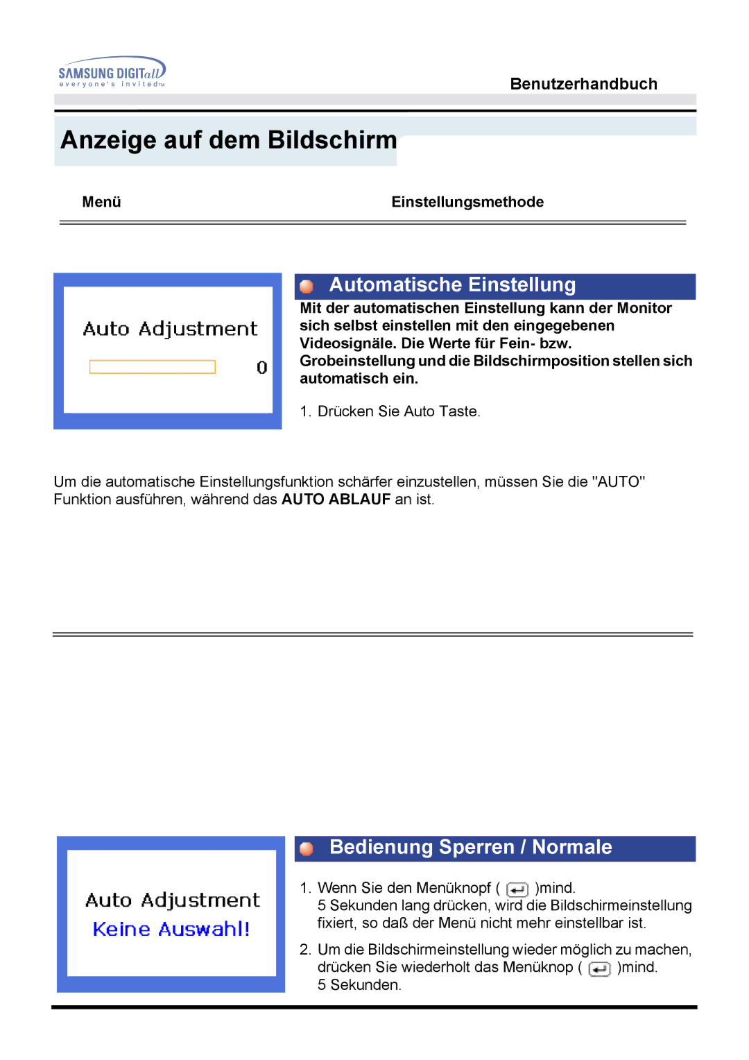 Samsung MO15ESZS/XEU, MO15ESDS/XEU, MO15ESDSZ/XTP, MO15ESDS/EDC manual Automatische Einstellung, Bedienung Sperren / Normale 