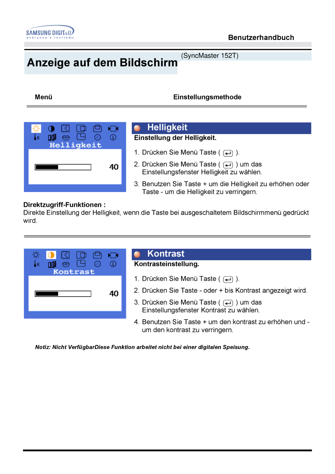 Samsung MO15ESDS/EDC, MO15ESDS/XEU, MO15ESDSZ/XTP, MO15ESZS/XEU manual Anzeige auf dem Bildschirm SyncMaster 152T, Helligkeit 