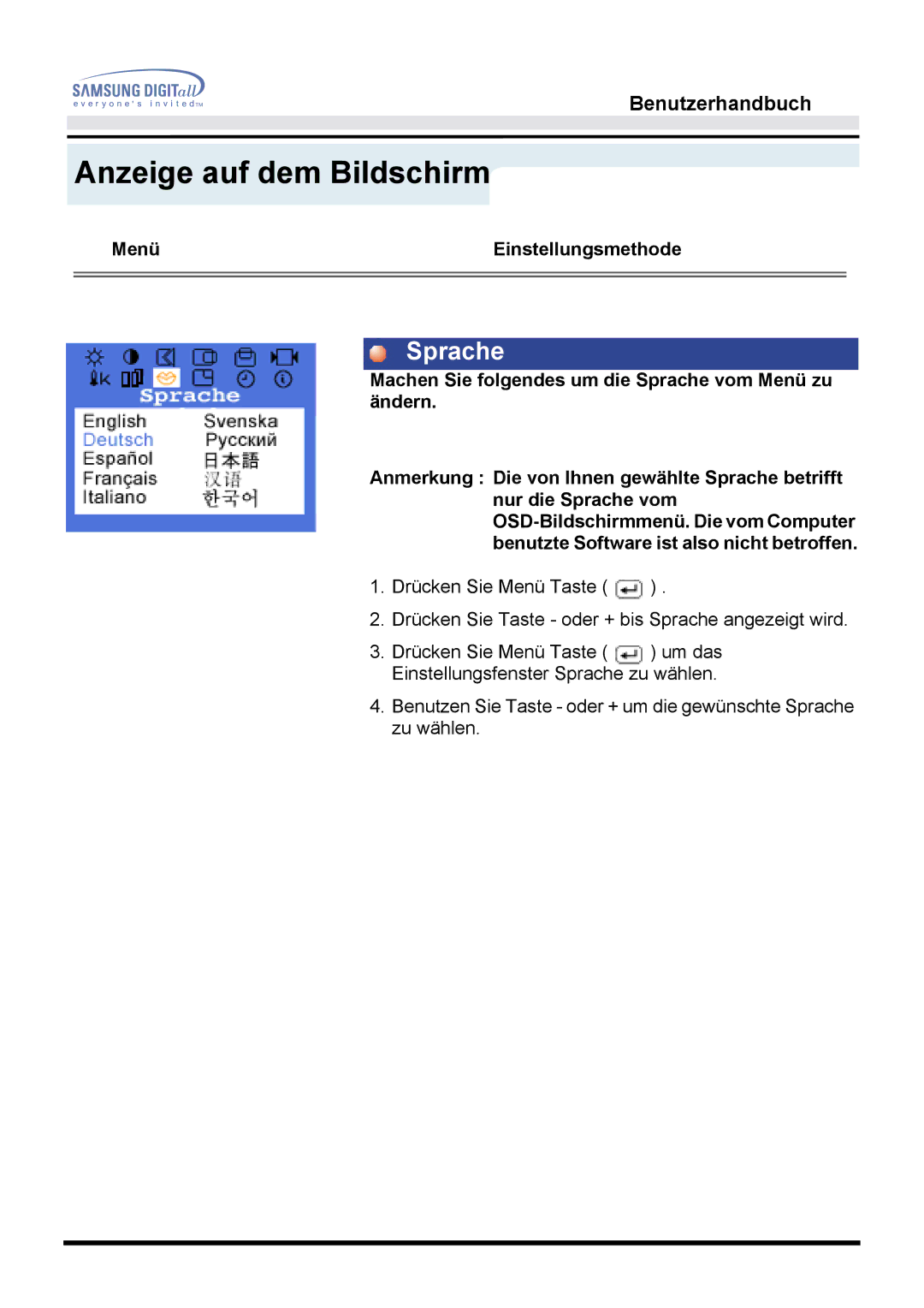 Samsung MO15ESDSZ/XTP, MO15ESDS/XEU, MO15ESZS/XEU, MO15ESDS/EDC, MO15ESZSZ/EDC, MO15ESZS/EDC, MO15ESDSZ/EDC manual Sprache 