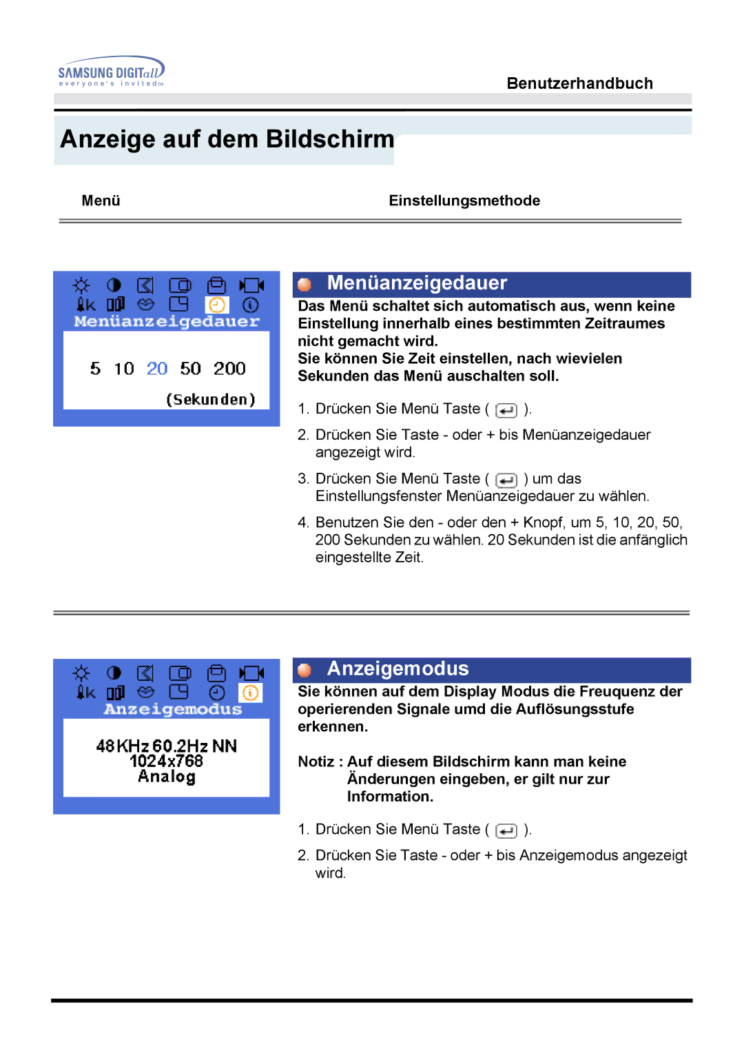 Samsung MO15ESDS/EDC, MO15ESDS/XEU, MO15ESDSZ/XTP, MO15ESZS/XEU, MO15ESZSZ/EDC, MO15ESZS/EDC, MO15ESDSZ/EDC Menüanzeigedauer 