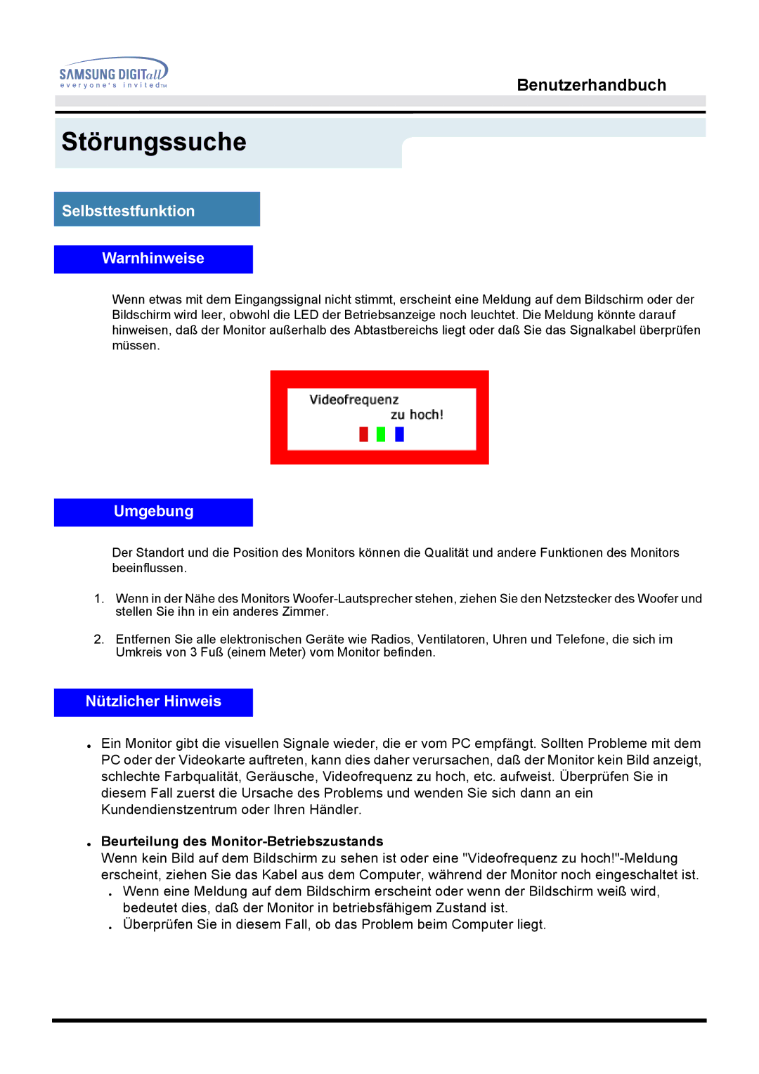 Samsung MO15ESDS/EDC, MO15ESDS/XEU, MO15ESDSZ/XTP manual Selbsttestfunktion Warnhinweise, Umgebung, Nützlicher Hinweis 