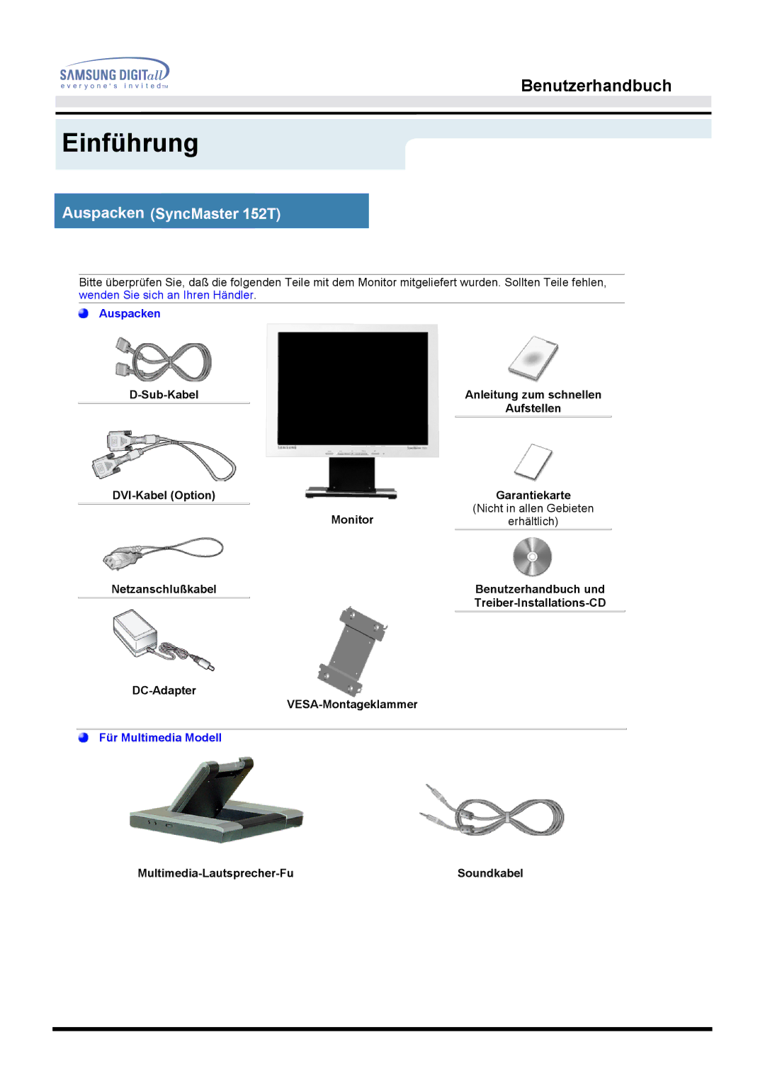 Samsung MO15ESDSZ/XTP, MO15ESDS/XEU, MO15PSDSV/EDC manual Auspacken SyncMaster 152T, Multimedia-Lautsprecher-Fu Soundkabel 