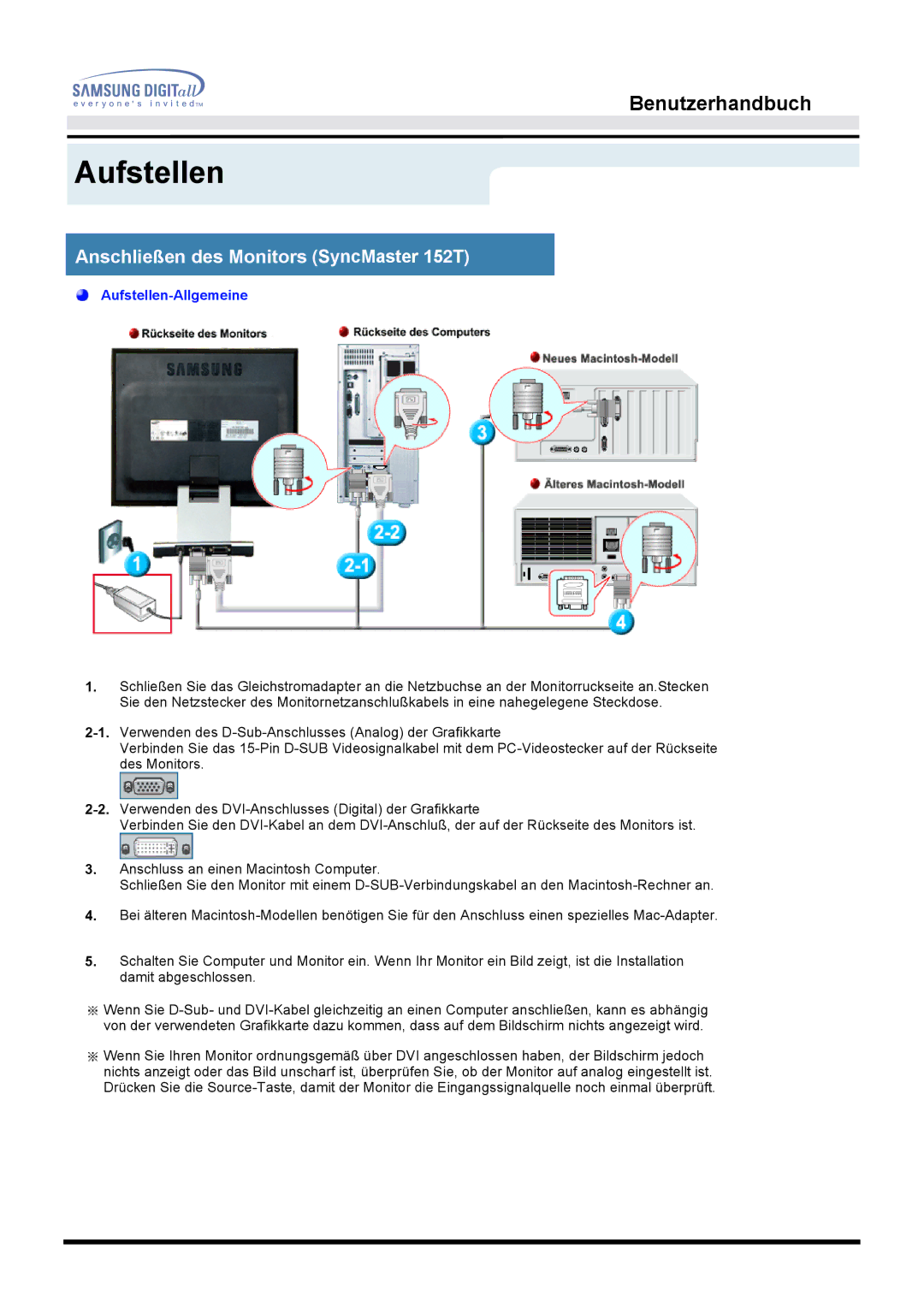 Samsung MO15PSDS/EDC, MO15ESDS/XEU, MO15ESDSZ/XTP, MO15PSDSV/EDC, MO15PSZN/EDC manual Anschließen des Monitors SyncMaster 152T 