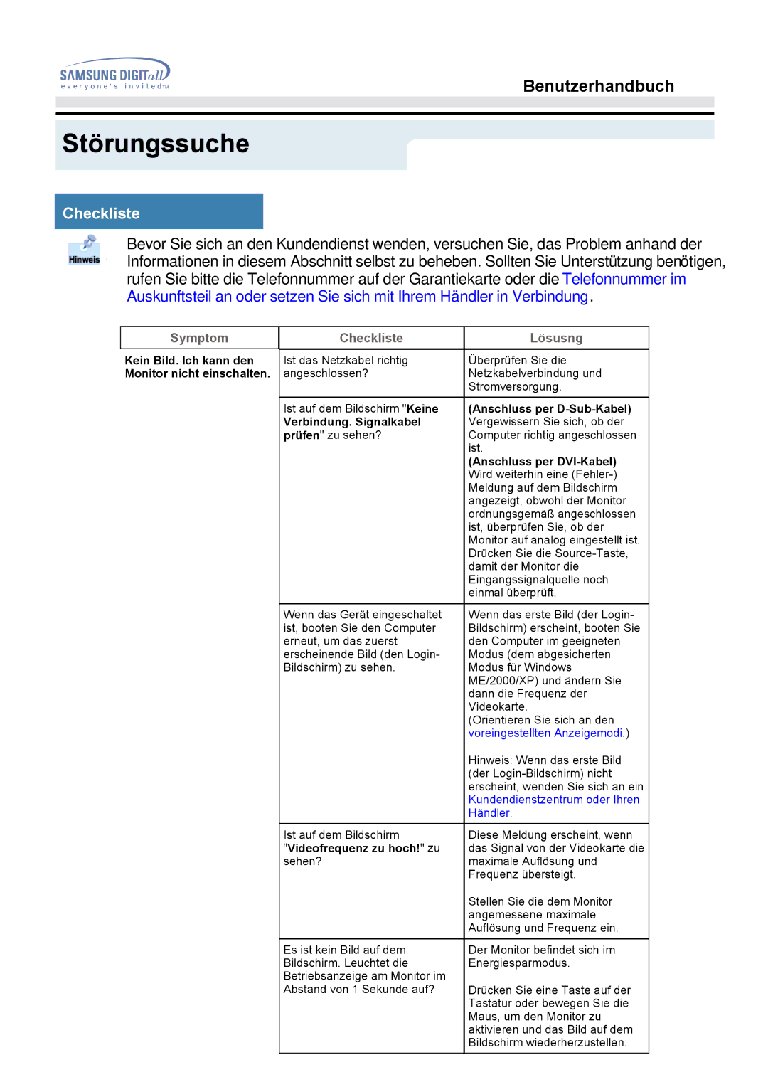 Samsung MO15PSDS/EDC, MO15ESDS/XEU, MO15ESDSZ/XTP manual Störungssuche, Checkliste, Verbindung. Signalkabel, Prüfen zu sehen? 