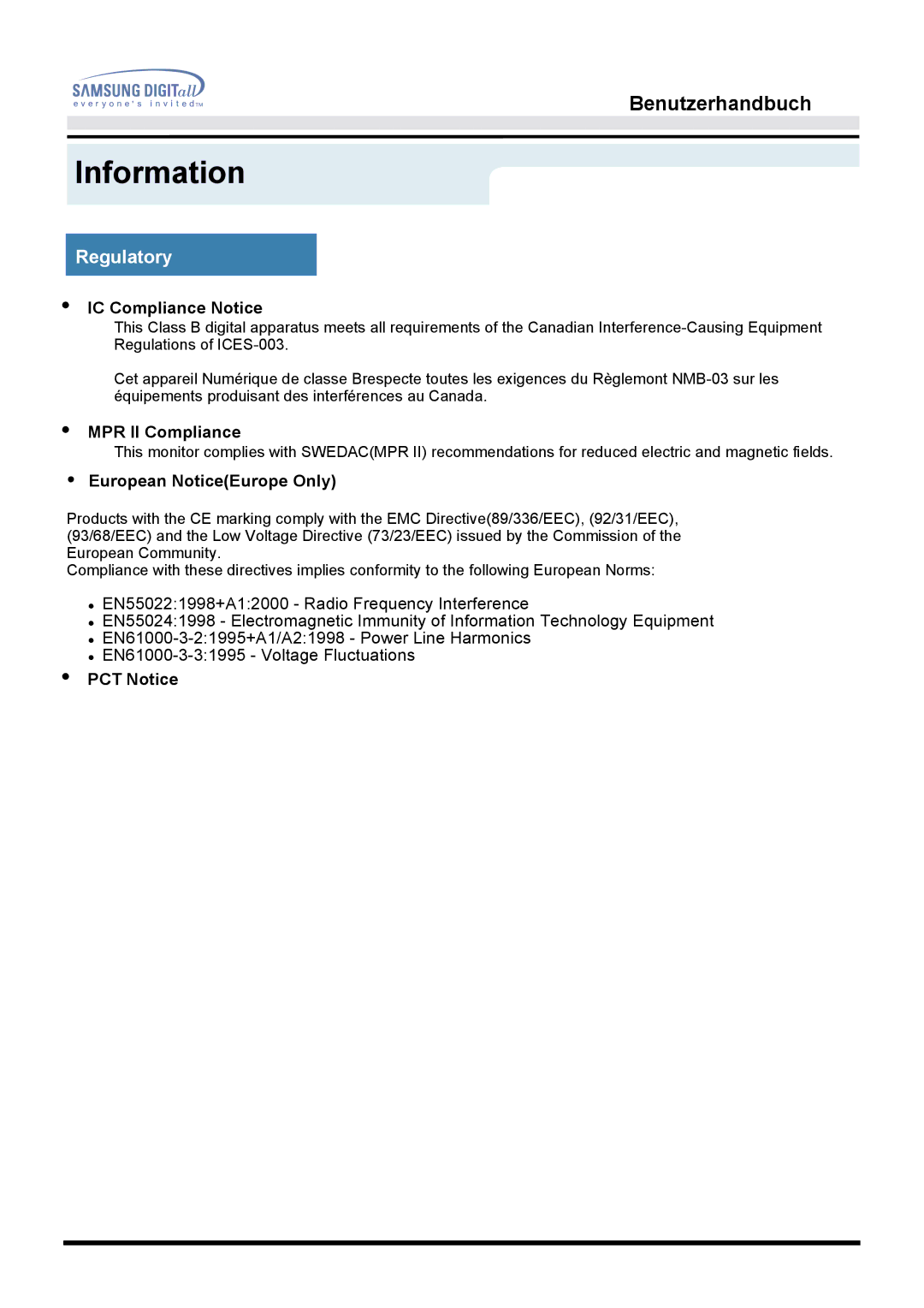 Samsung MO15PSZN/EDC, MO15ESDS/XEU manual IC Compliance Notice, MPR II Compliance, European NoticeEurope Only, PCT Notice 