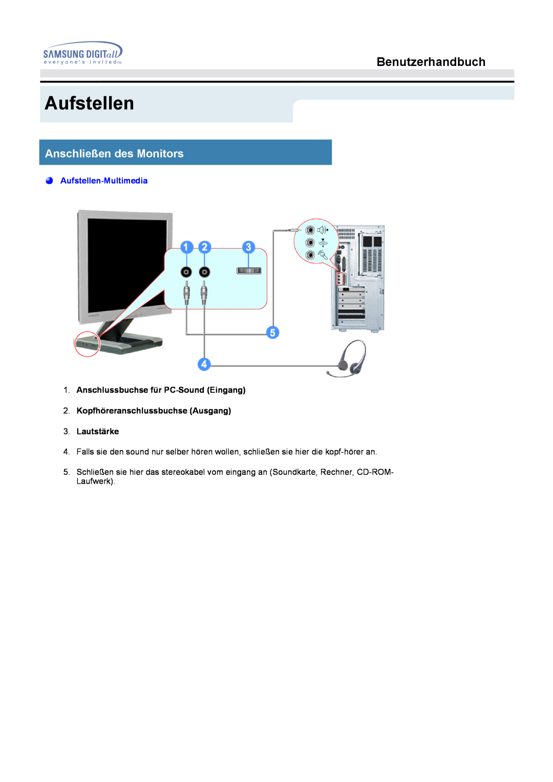 Samsung MO15ESZSZ/EDC, MO15ESDS/XEU, MO15ESDSZ/XTP Benutzerhandbuch, Anschließen des Monitors, Aufstellen-Multimedia 