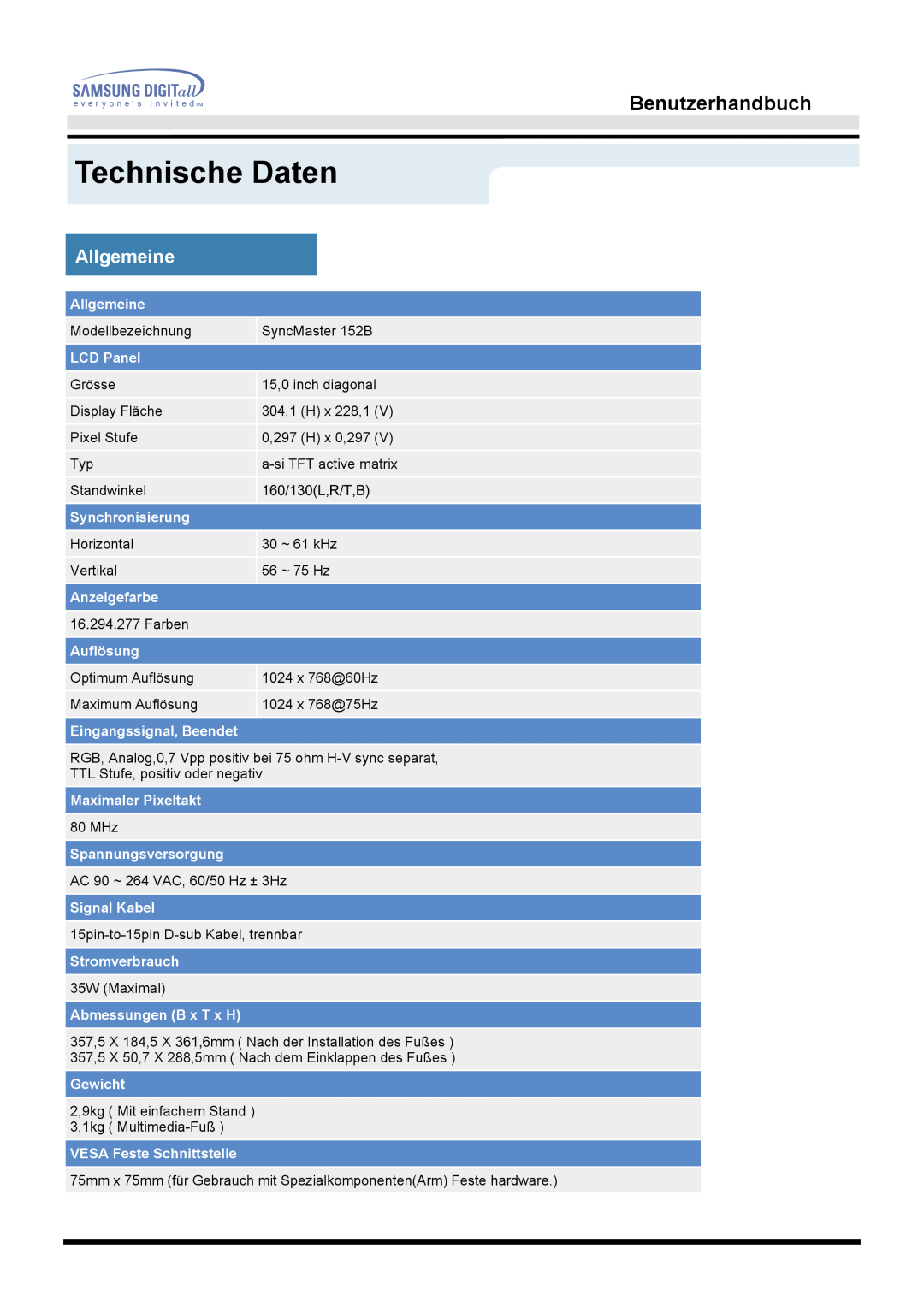 Samsung MO15PSDSV/EDC, MO15ESDS/XEU, MO15ESDSZ/XTP, MO15PSZN/EDC, MO15ESZS/XEU Technische Daten, Benutzerhandbuch, Allgemeine 