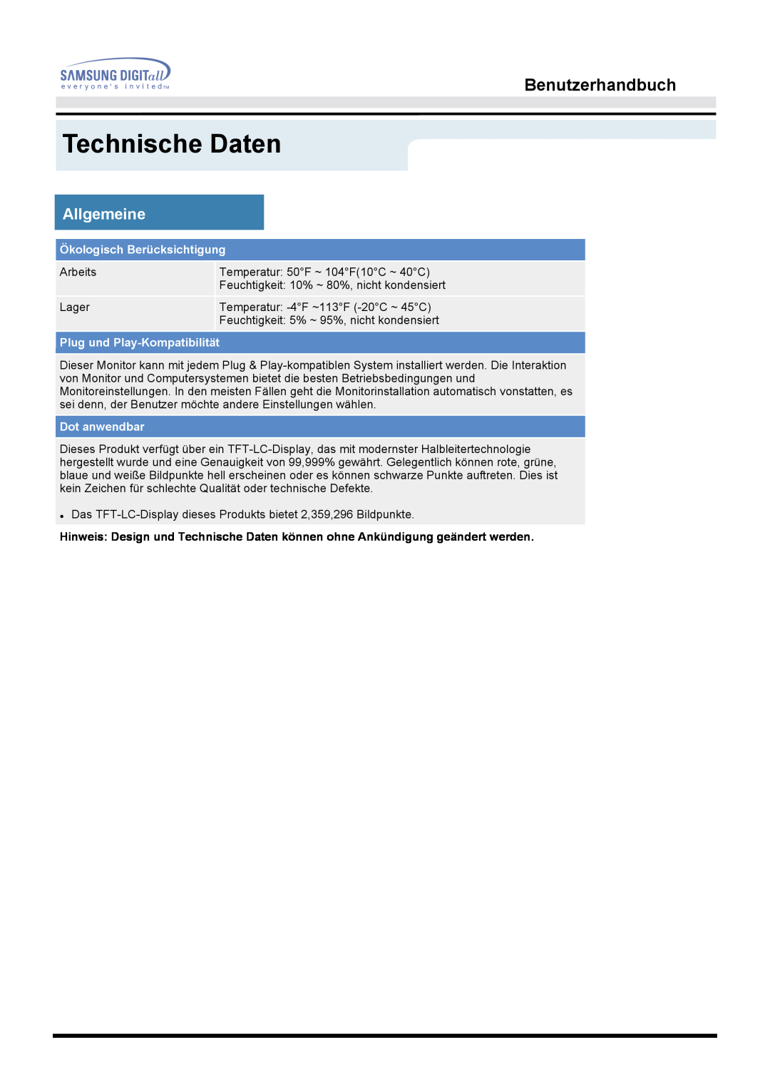 Samsung MO15PSZN/EDC manual Technische Daten, Benutzerhandbuch, Ökologisch Berücksichtigung, Plug und Play-Kompatibilität 