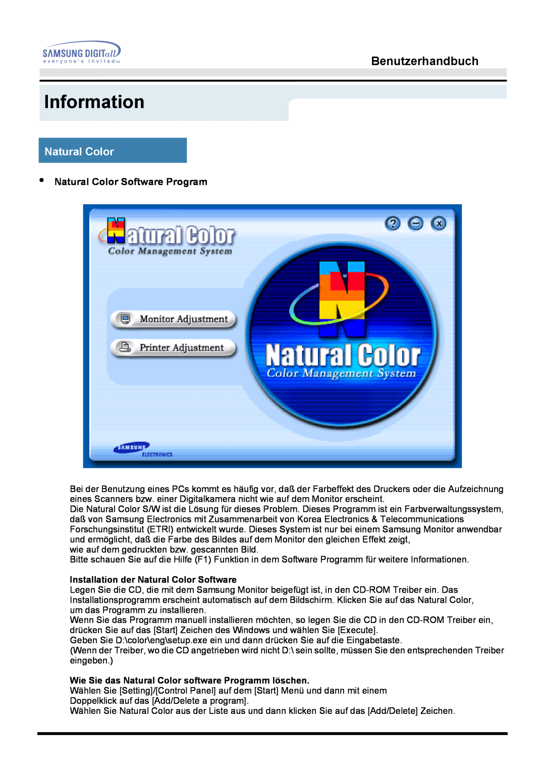 Samsung MO15ESZSZ/EDC, MO15ESDS/XEU, MO15ESDSZ/XTP manual Information, Benutzerhandbuch, Natural Color Software Program 