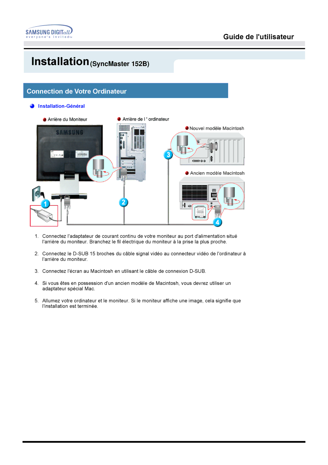 Samsung MO15PSZS/EDC, MO15PSDSV, MO15PSDS/EDC manual Connection de Votre Ordinateur, Installation-Général 