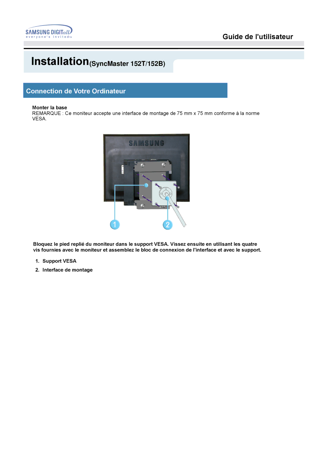 Samsung MO15PSZS/EDC, MO15PSDSV, MO15PSDS/EDC manual Monter la base 