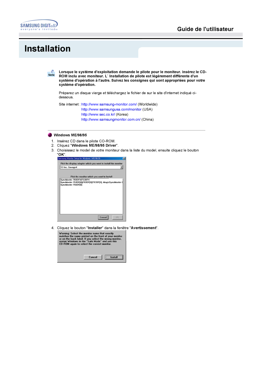 Samsung MO15PSZS/EDC, MO15PSDSV, MO15PSDS/EDC manual Installation, Cliquez Windows ME/98/95 Driver 