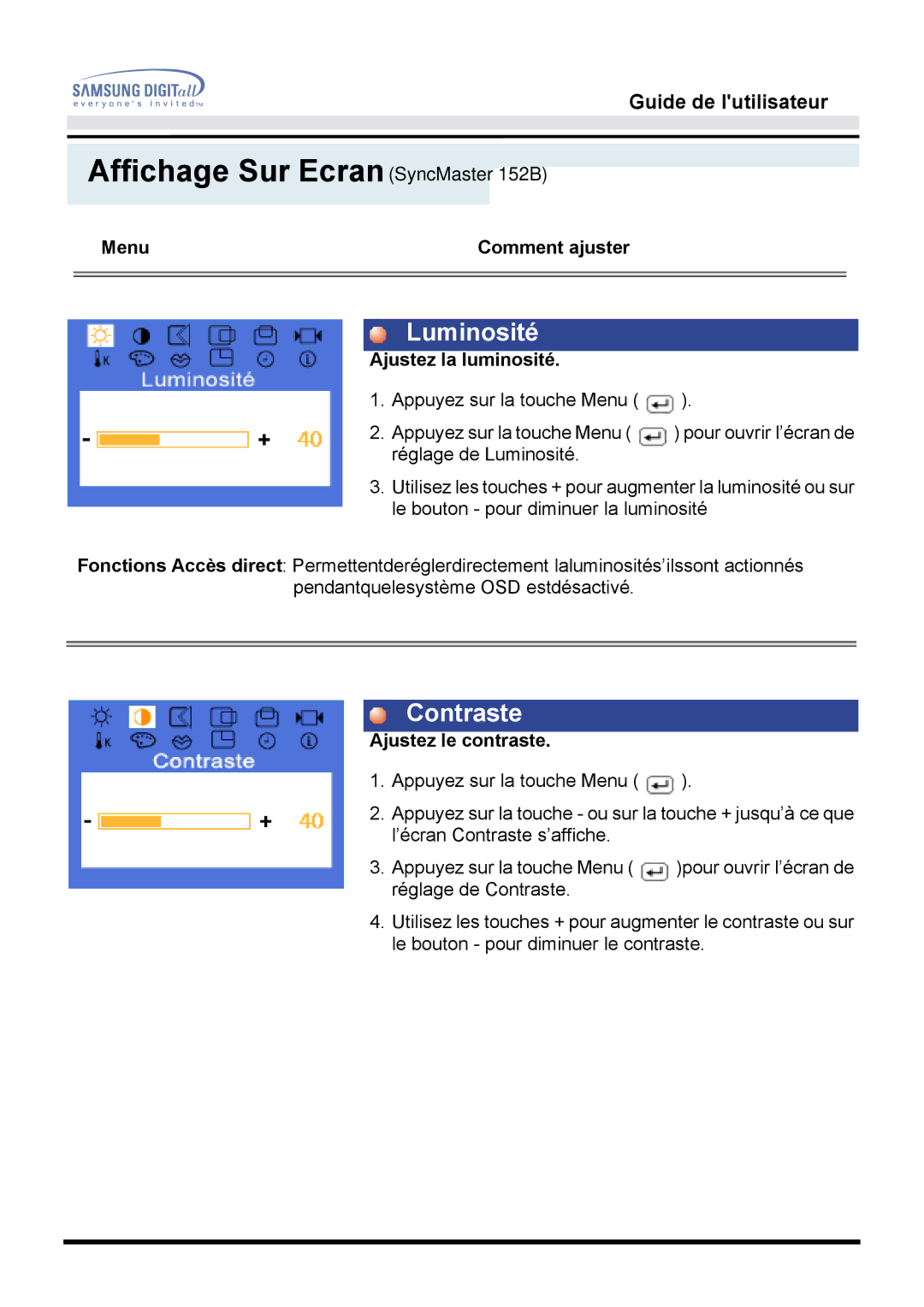 Samsung MO15PSZS/EDC, MO15PSDSV, MO15PSDS/EDC manual Affichage Sur Ecran SyncMaster 152B, Luminosité, Contraste 