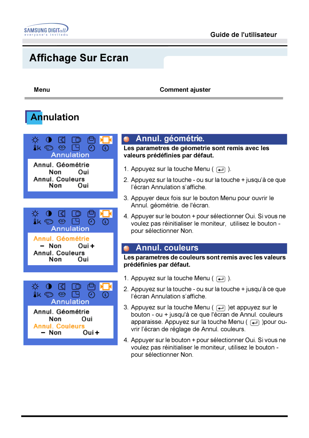 Samsung MO15PSZS/EDC, MO15PSDSV, MO15PSDS/EDC manual Annul. géométrie, Annul. couleurs 