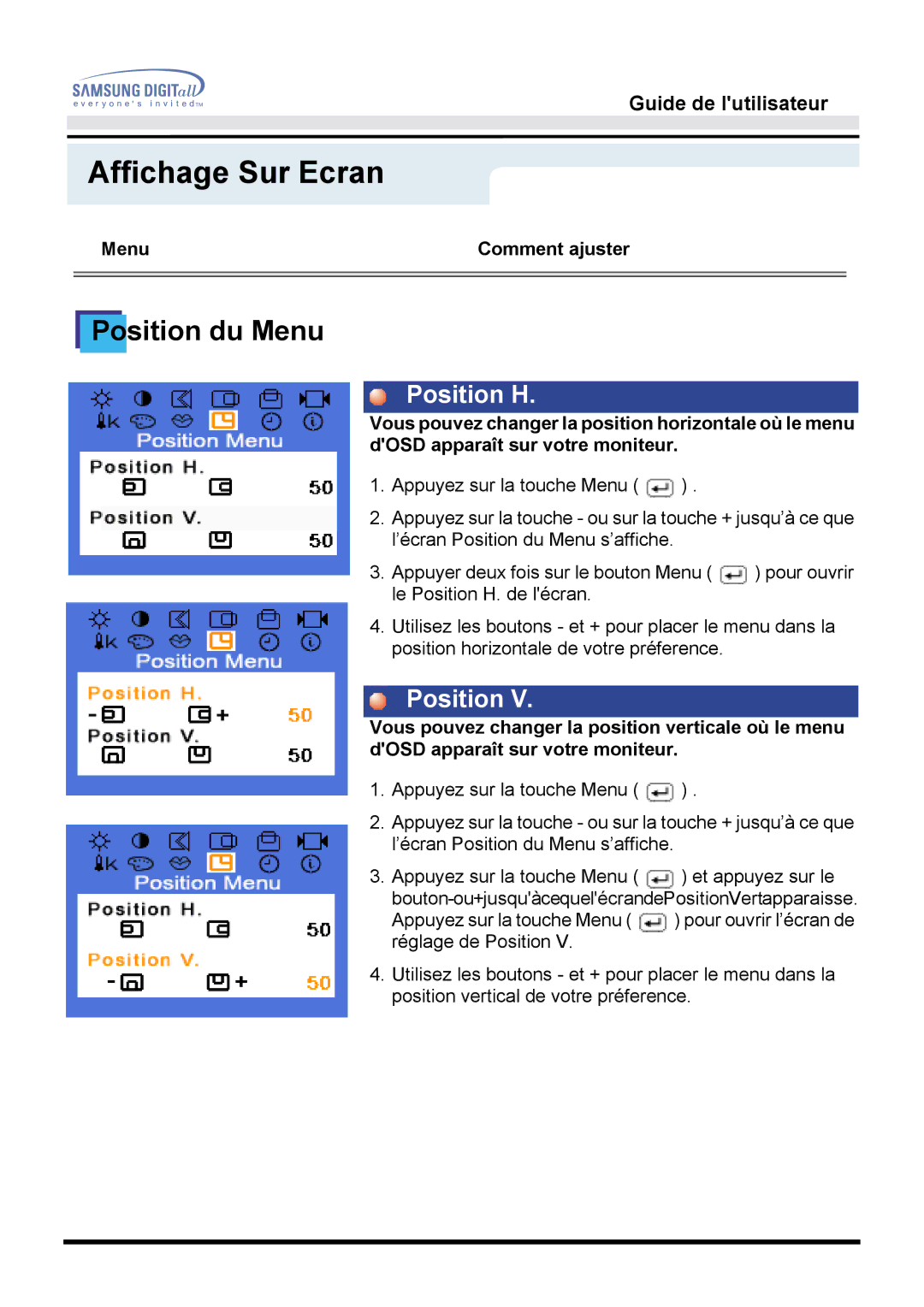 Samsung MO15PSDS/EDC, MO15PSZS/EDC, MO15PSDSV manual Position du Menu 