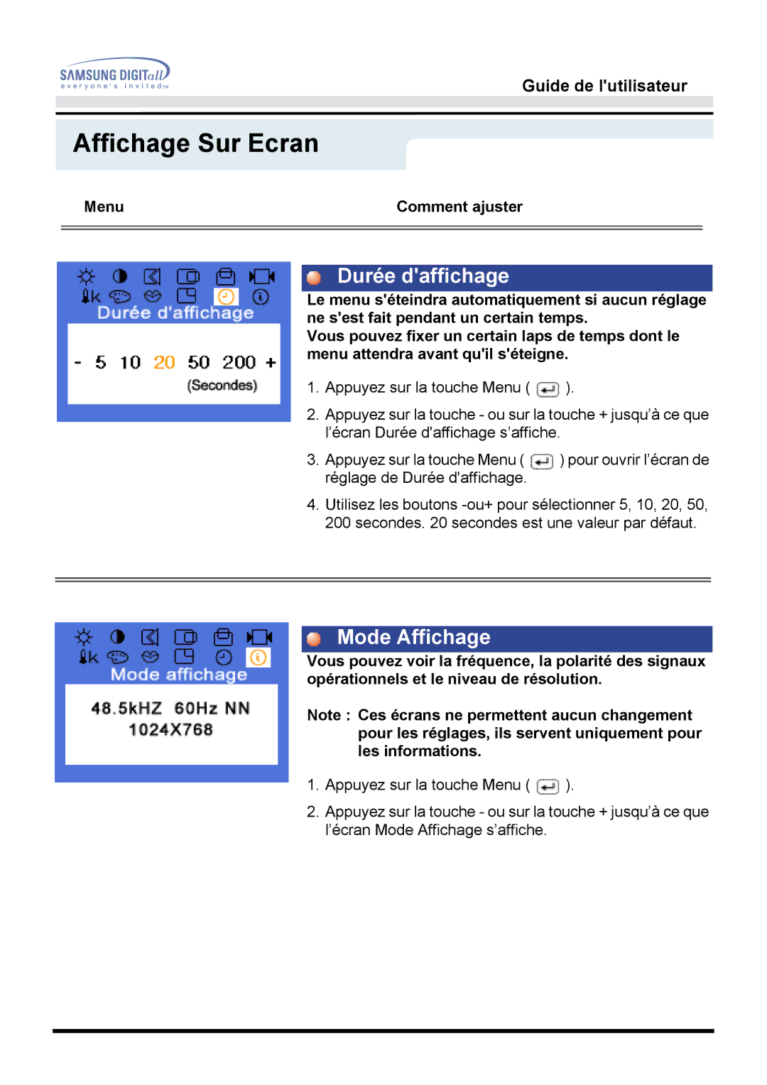 Samsung MO15PSZS/EDC, MO15PSDSV, MO15PSDS/EDC manual Durée daffichage, Mode Affichage 