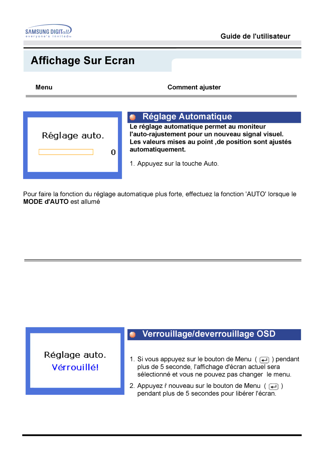 Samsung MO15PSZS/EDC, MO15PSDSV, MO15PSDS/EDC manual Réglage Automatique, Verrouillage/deverrouillage OSD 