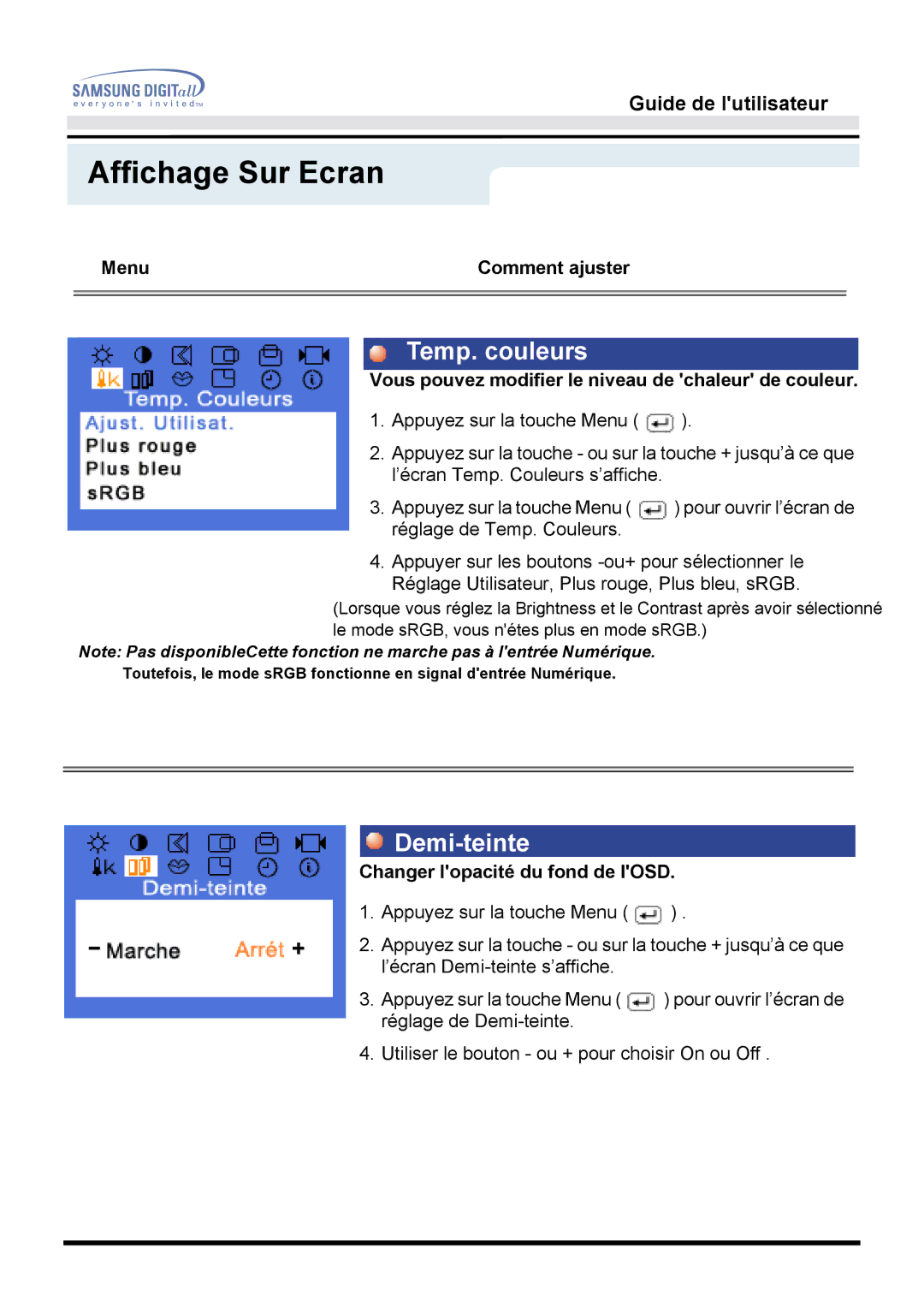 Samsung MO15PSDSV, MO15PSZS/EDC, MO15PSDS/EDC manual Demi-teinte, Changer lopacité du fond de lOSD 