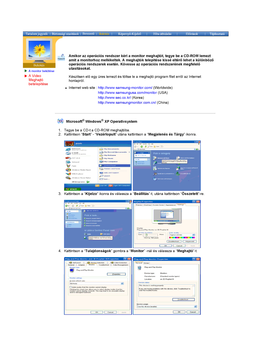 Samsung MO15PSDS/EDC, MO15PSDSV/EDC, MO15ESDS/EDC manual Video Meghajtó betelepitése, Microsoft Windows XP Operativsystem 