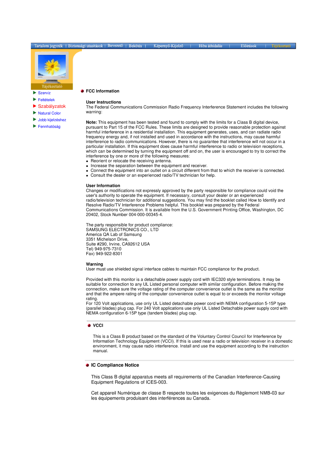 Samsung MO15PSDSV/EDC, MO15ESDS/EDC, MO15PSDS/EDC, MO15ESZSZ/EDC, MO15ESZS/EDC manual Szabályzatok, IC Compliance Notice 