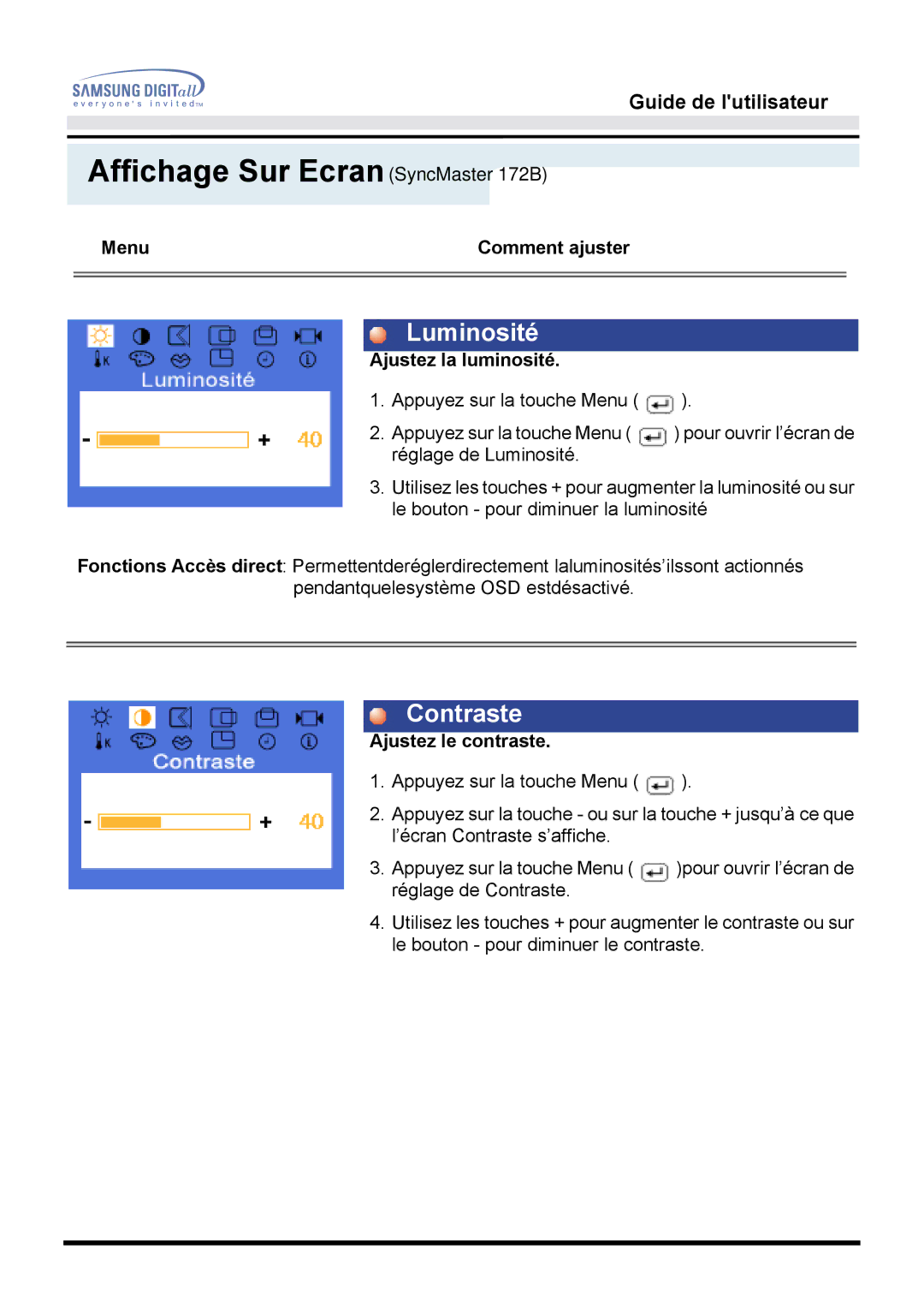 Samsung MO17ESDS/EDC, MO17ESZS/EDC manual Affichage Sur Ecran SyncMaster 172B, Luminosité, Contraste 