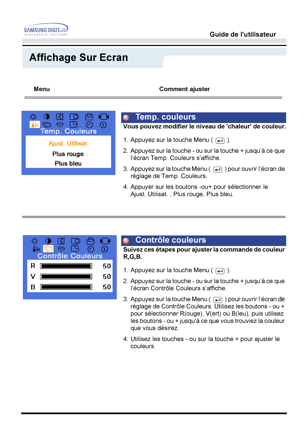 Samsung MO17ESZS/EDC, MO17ESDS/EDC manual Temp. couleurs, Contrôle couleurs 