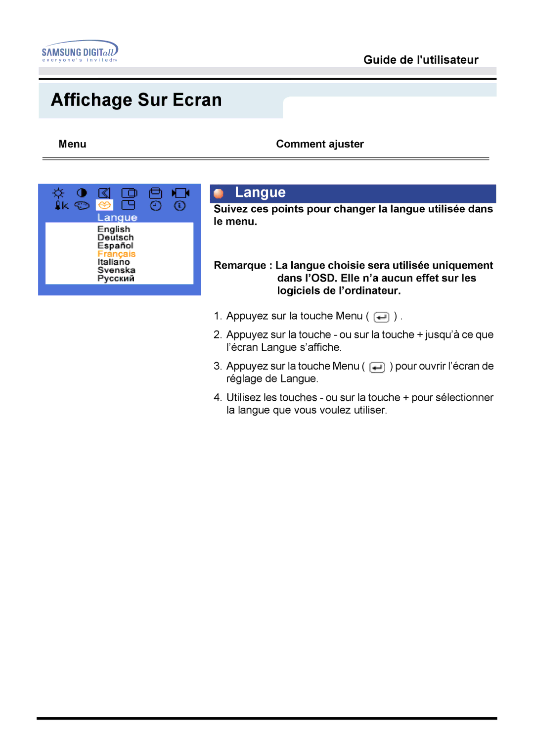 Samsung MO17ESZS/EDC, MO17ESDS/EDC manual Langue 