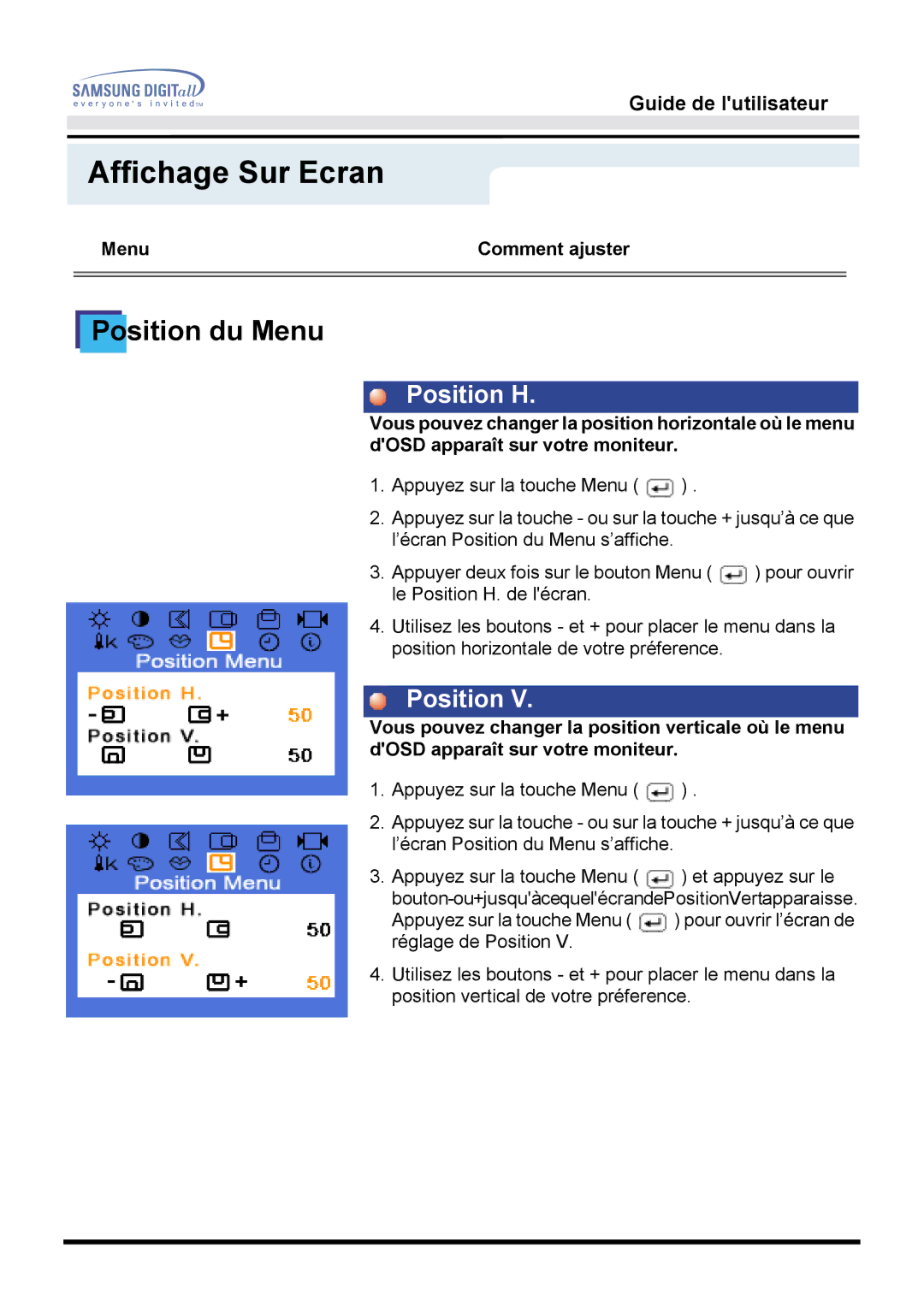 Samsung MO17ESDS/EDC, MO17ESZS/EDC manual Position du Menu 