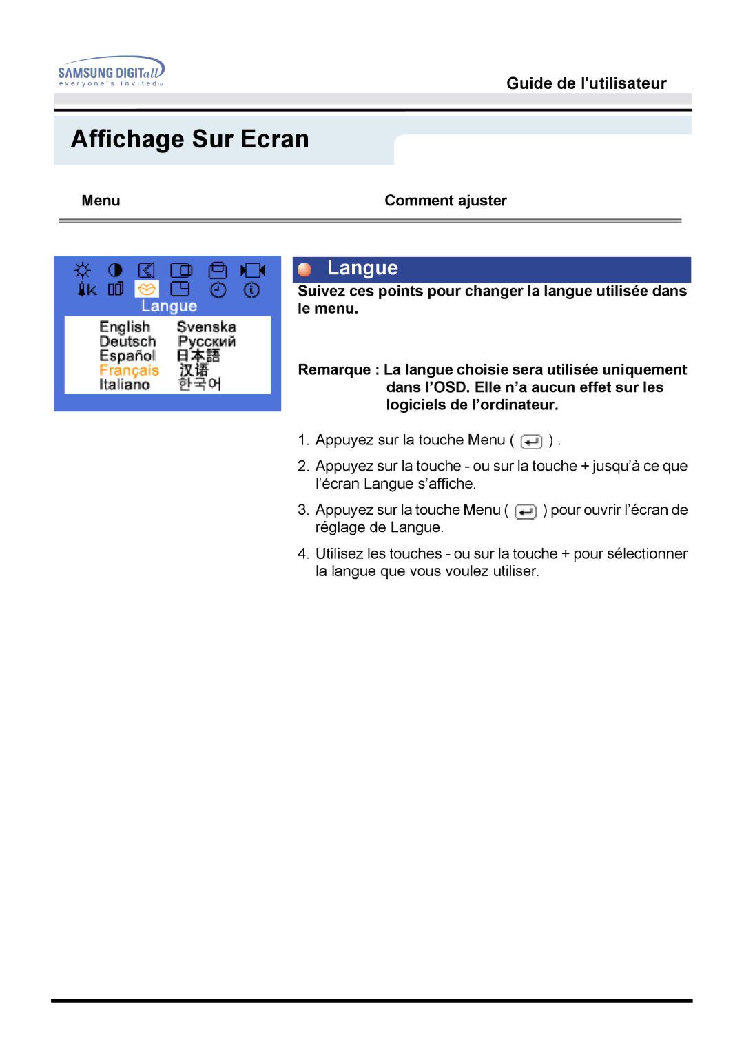 Samsung MO17ESZS/EDC, MO17ESDS/EDC manual Langue 