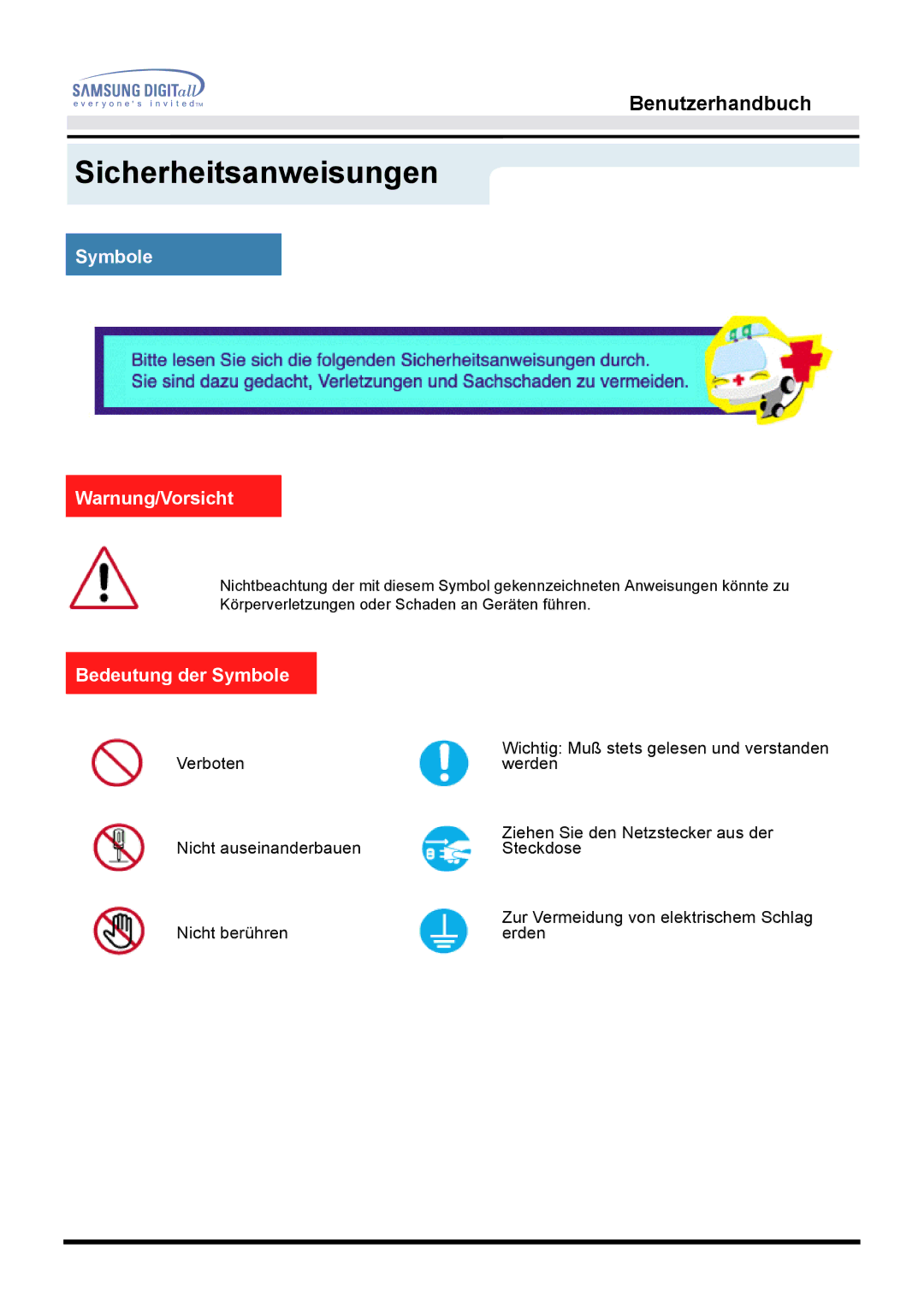 Samsung MO17ESDS/EDC, MO17ESZS/EDC manual Sicherheitsanweisungen, Symbole Warnung/Vorsicht, Bedeutung der Symbole 