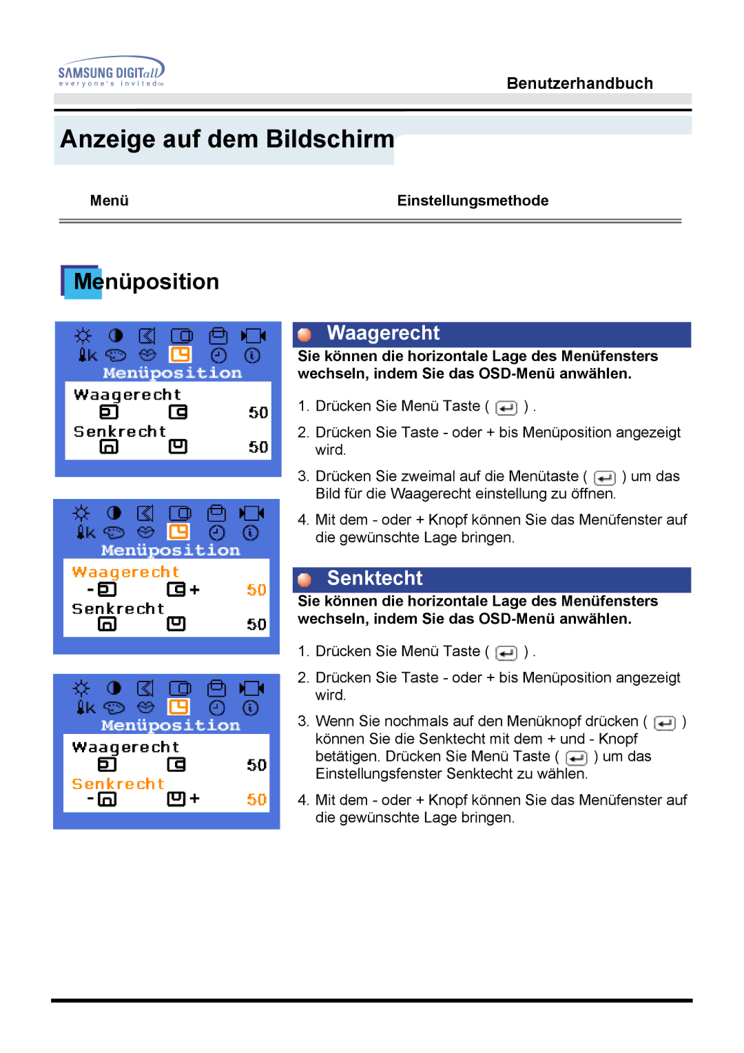 Samsung MO17ESDS/EDC, MO17ESZS/EDC manual Menüposition, Senktecht 