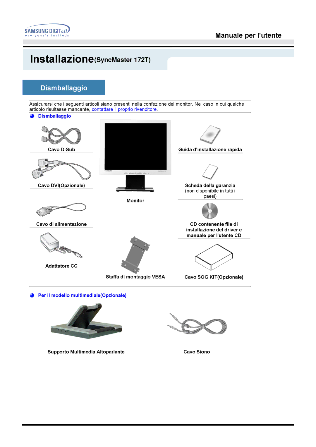 Samsung MO17ESZS/EDC, MO17ESDS/EDC manual InstallazioneSyncMaster 172T 