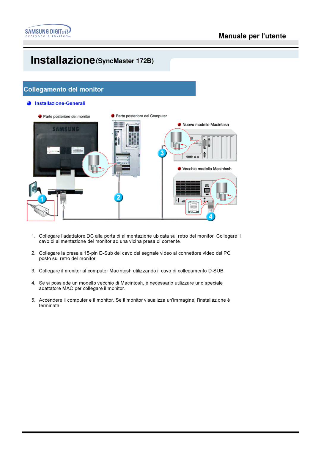 Samsung MO17ESDS/EDC, MO17ESZS/EDC manual Collegamento del monitor, Installazione-Generali 