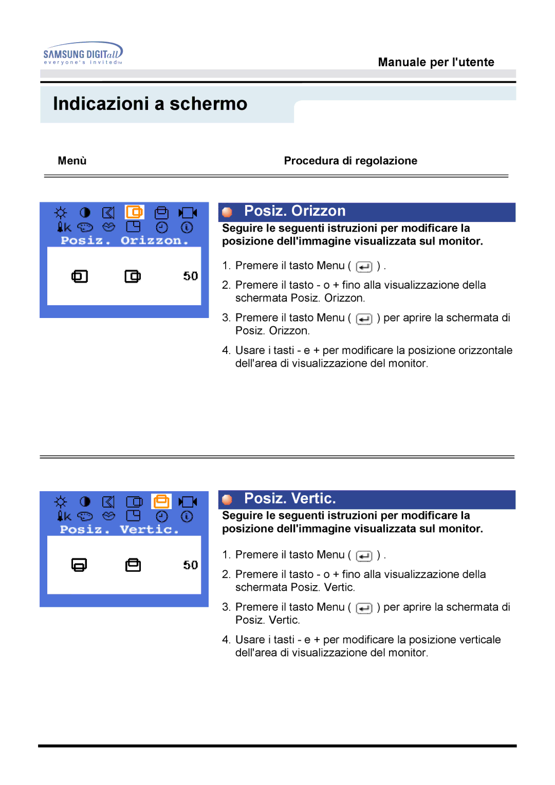 Samsung MO17ESDS/EDC, MO17ESZS/EDC manual Posiz. Orizzon, Posiz. Vertic 