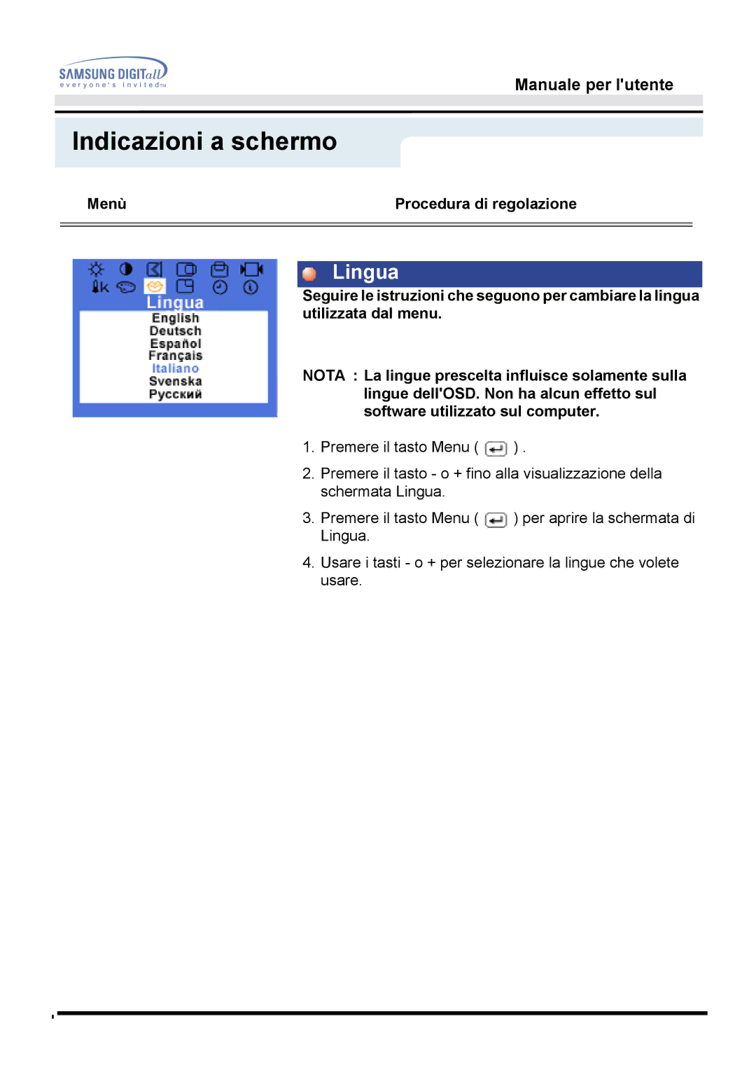 Samsung MO17ESZS/EDC, MO17ESDS/EDC manual Lingua 