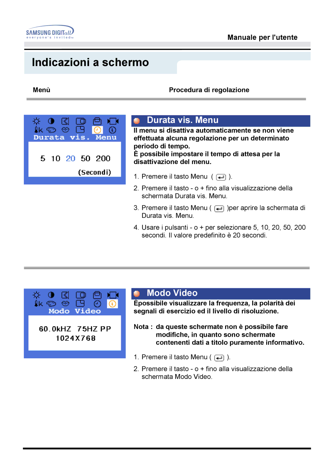 Samsung MO17ESZS/EDC, MO17ESDS/EDC manual Durata vis. Menu, Modo Video 